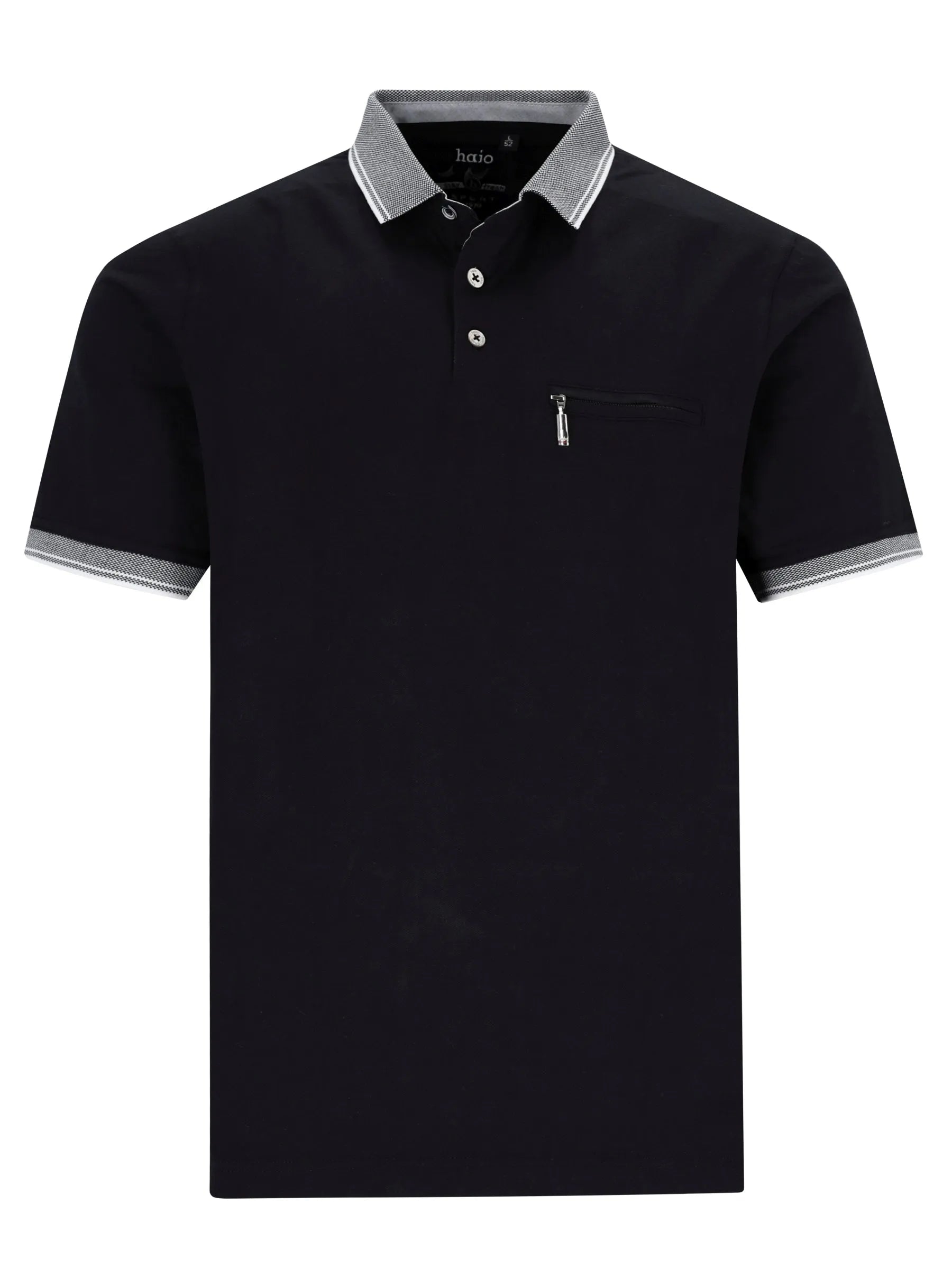 Schwarzes piqué-poloshirt mit kontrastierenden grauen und weißen streifen an kragen, ärmelbündchen und knopfleiste