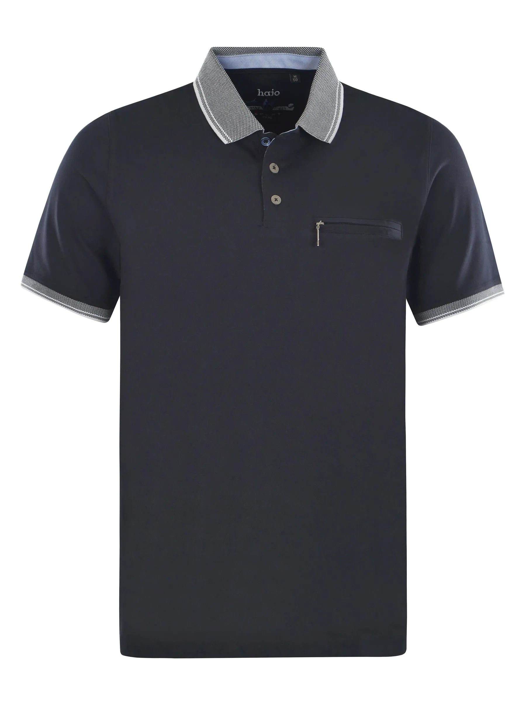 Schwarzes piqué-poloshirt mit kontrastdetails an kragen und ärmelbündchen und brusttasche