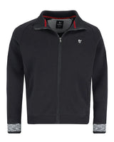 Schwarze Jacke mit Reißverschluss, roten und weißen Akzenten, strukturierten Bündchen und einem Logo auf der Brust.