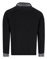 Schwarzer Pullover mit Reißverschluss und grau-weiß gemusterten Bündchen und Kragen, möglicherweise von adidas.