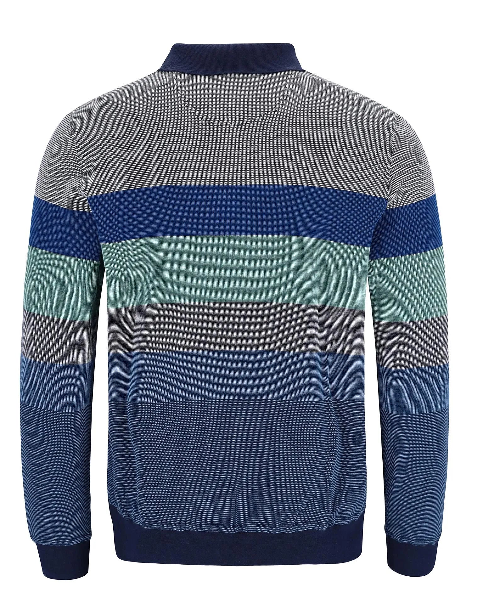 Gestreifter Pullover mit marineblauen, blaugrünen und grauen Farben.