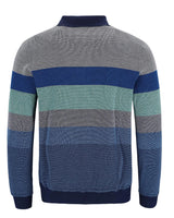 Gestreifter Pullover mit marineblauen, blaugrünen und grauen Farben.