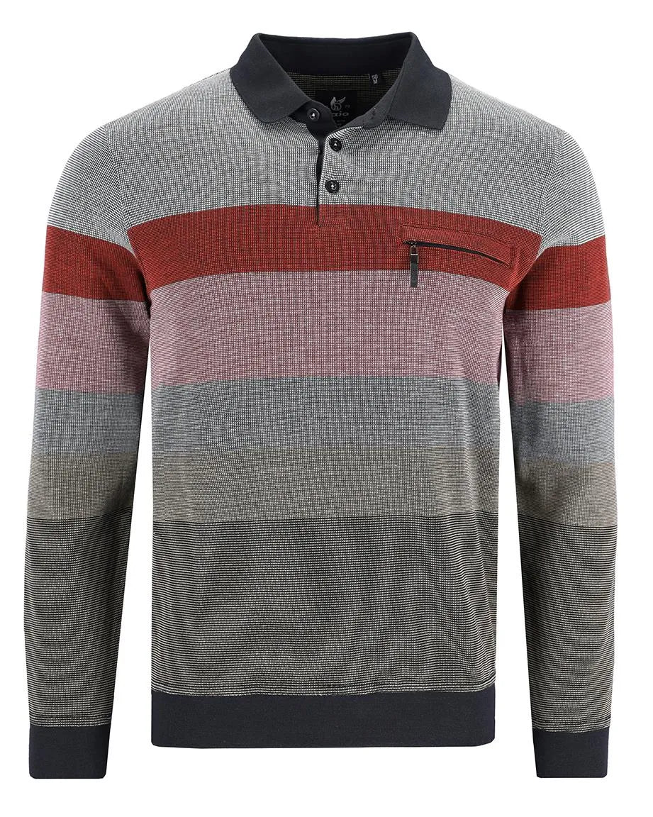 Grau und rot gestreiftes Herren-Poloshirt mit Reißverschlusstasche.
