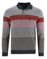 Grau und rot gestreiftes Herren-Poloshirt mit Reißverschlusstasche.