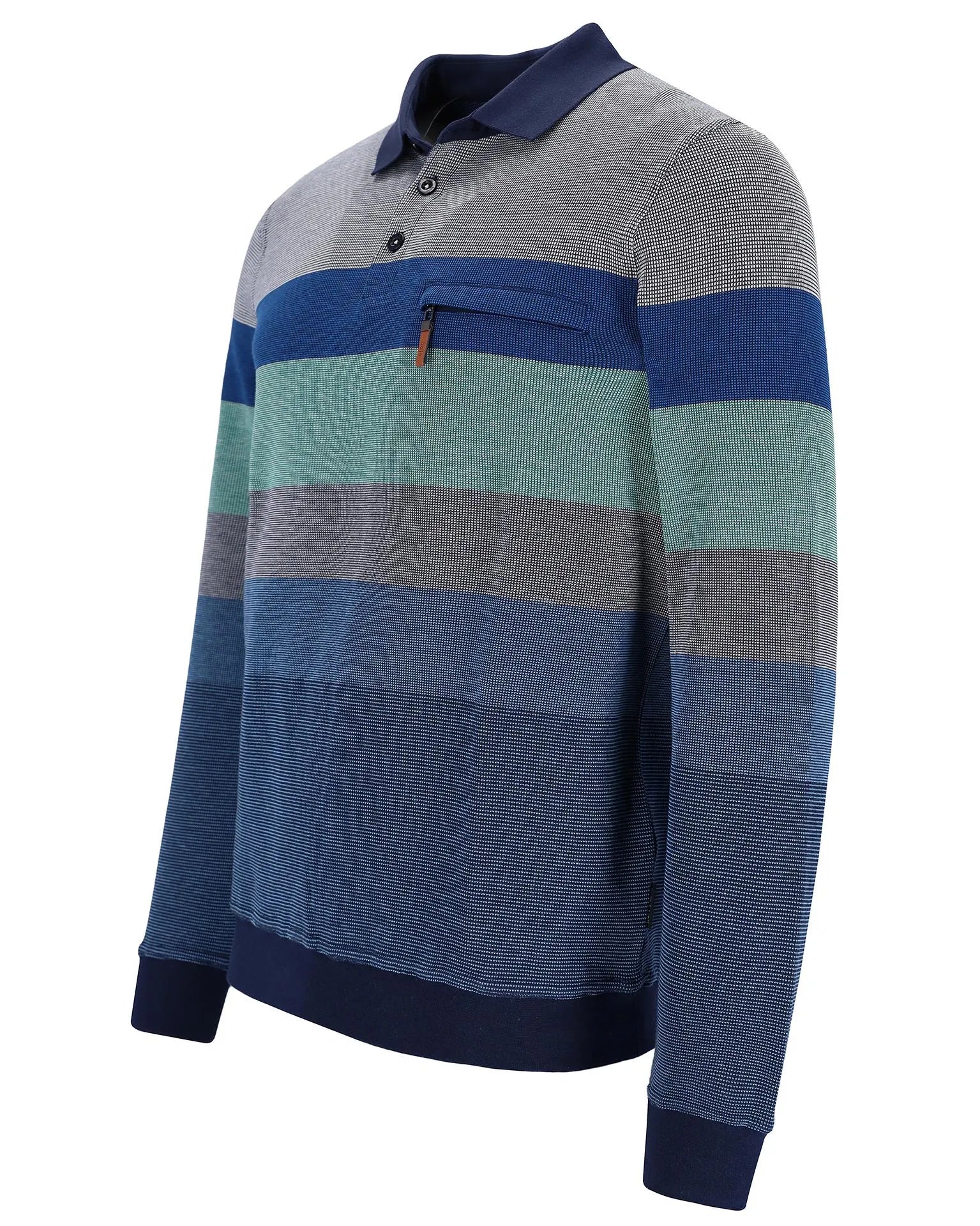 Gestreiftes Poloshirt in den Farben Marine, Blau und Grau mit strukturiertem Stoffdesign.