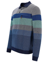 Gestreiftes Poloshirt in den Farben Marine, Blau und Grau mit strukturiertem Stoffdesign.