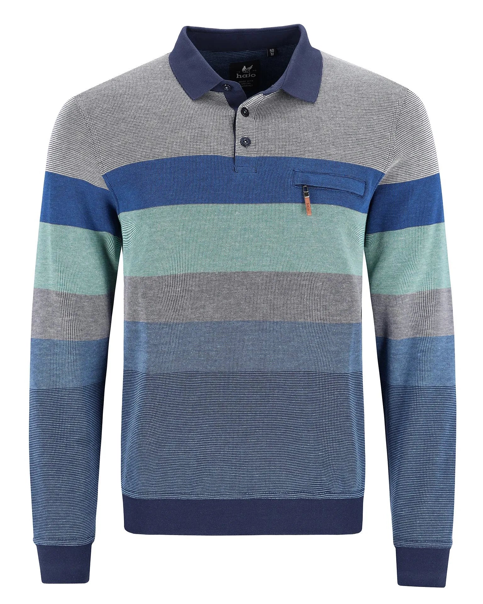 Blau und grau gestreiftes Poloshirt mit marineblauem Besatz, u.s.