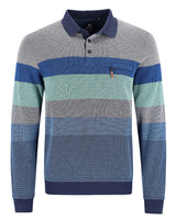 Blau und grau gestreiftes Poloshirt mit marineblauem Besatz, u.s.