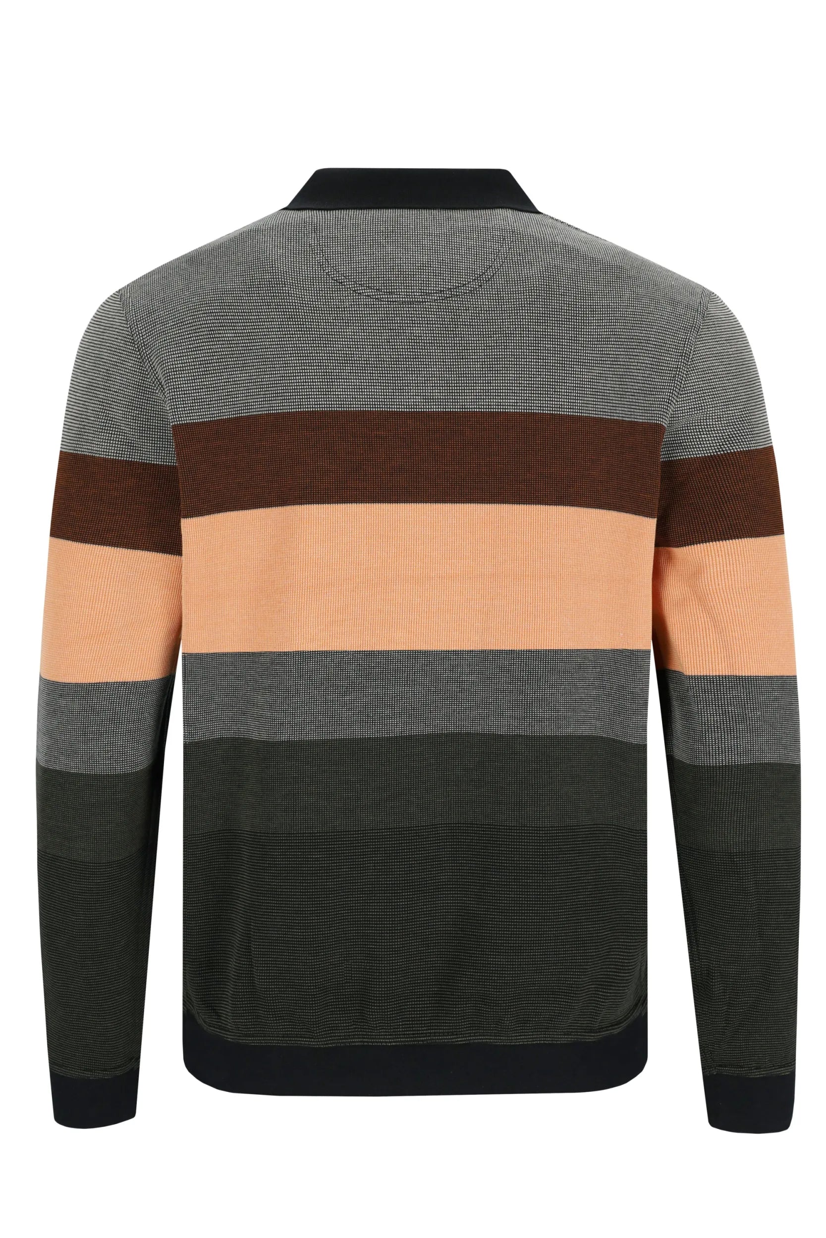 Mehrfarbig gestreifter Pullover mit strukturiertem Strickmuster und schwarzem Kragen.