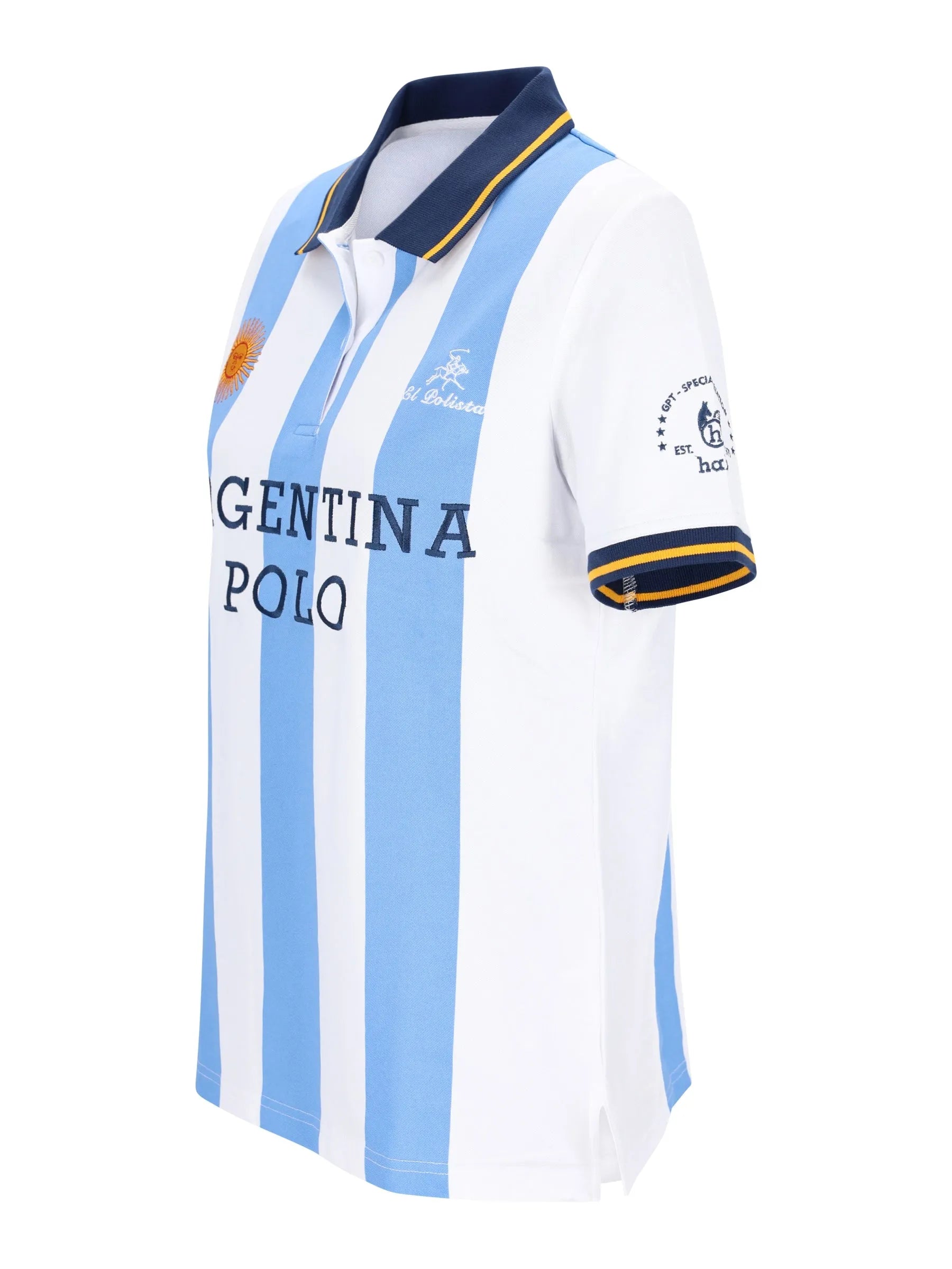Hellblau weiß gestreiftes poloshirt polopique el polista mit navy kragen ärmel und argentina polo schriftzug