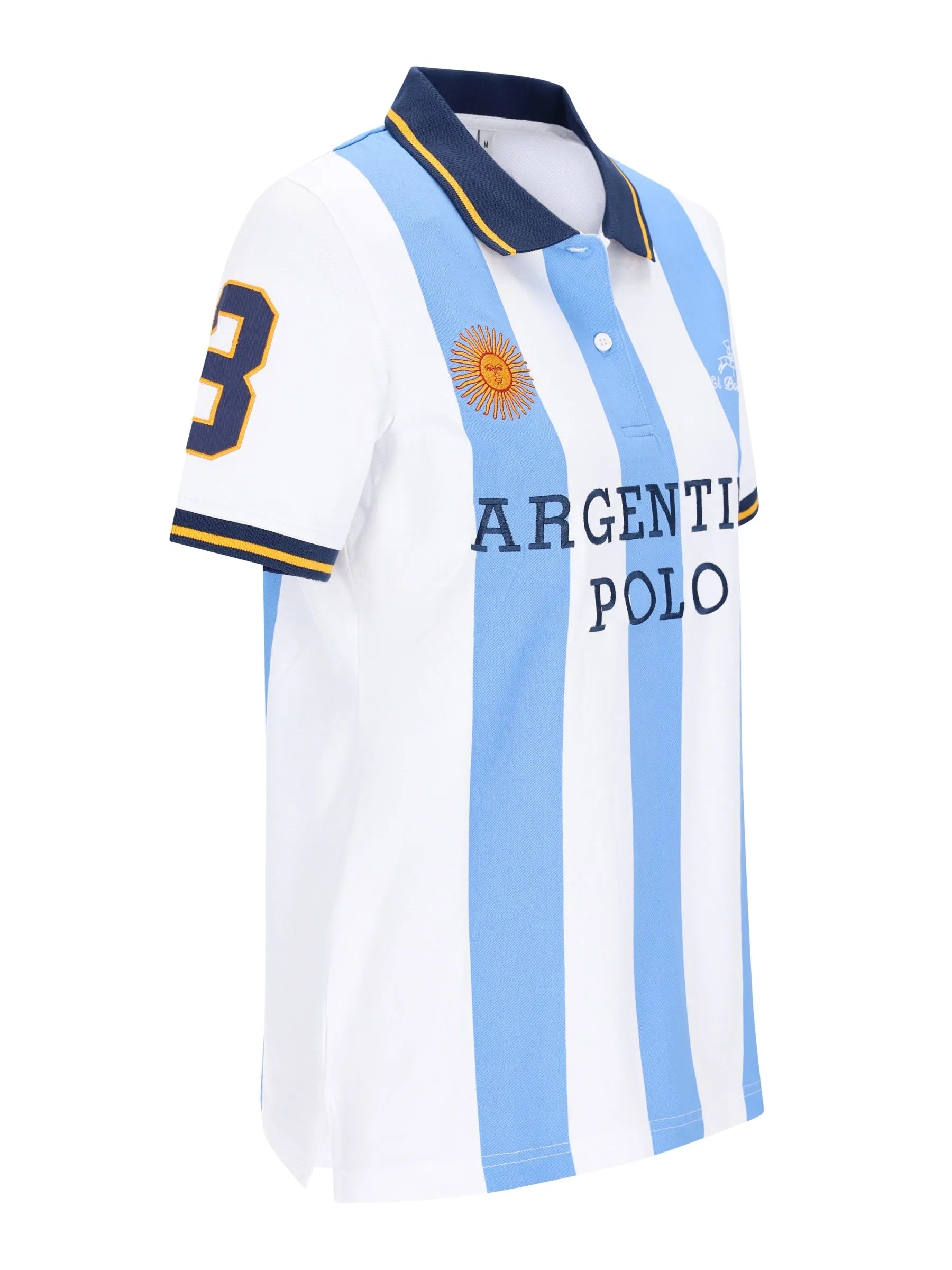 Leichten blaue und weiße gestreifte poloshirt mit marinekragen, goldbesatz, nummer 3 am ärmel und argentinischer sonne emblem