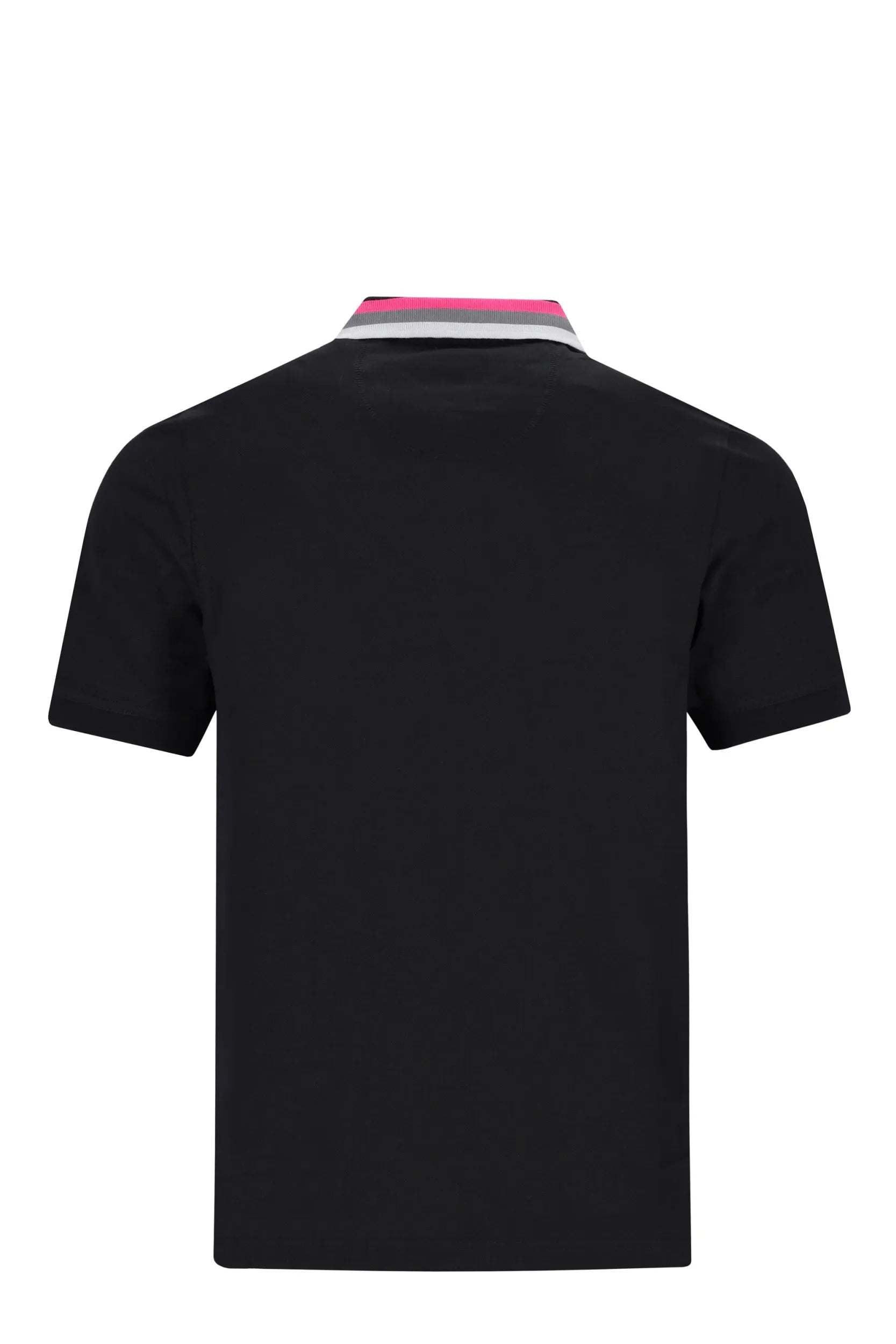Schwarzes Poloshirt mit rosa und weißem Kragen, kurze Ärmel, Baumwollmaterial.