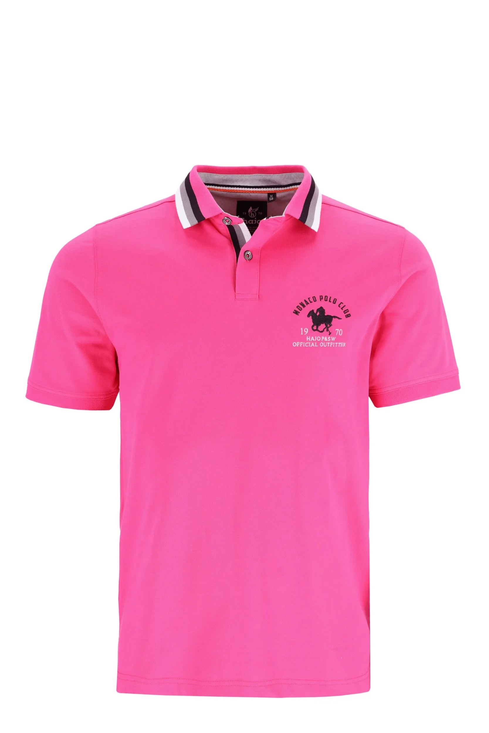 Rosa Polohemd mit Pferdelogo und weißem Saum, Material: Baumwolle.