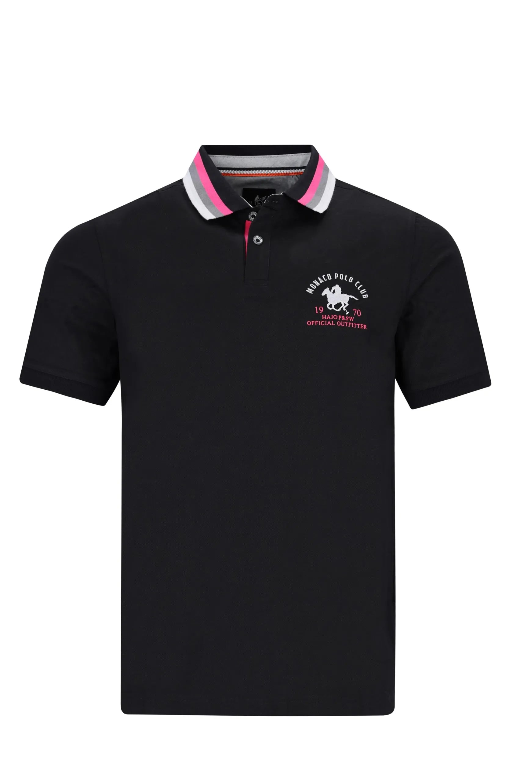 Schwarzes Poloshirt mit rosa-weiß gestreiftem Kragen und gesticktem Logo auf der Brust.