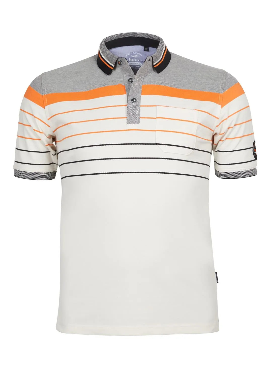 Weißes Poloshirt mit orangefarbenen und grauen Streifen, kurze Ärmel, Kragen, Knopfleiste vorne.