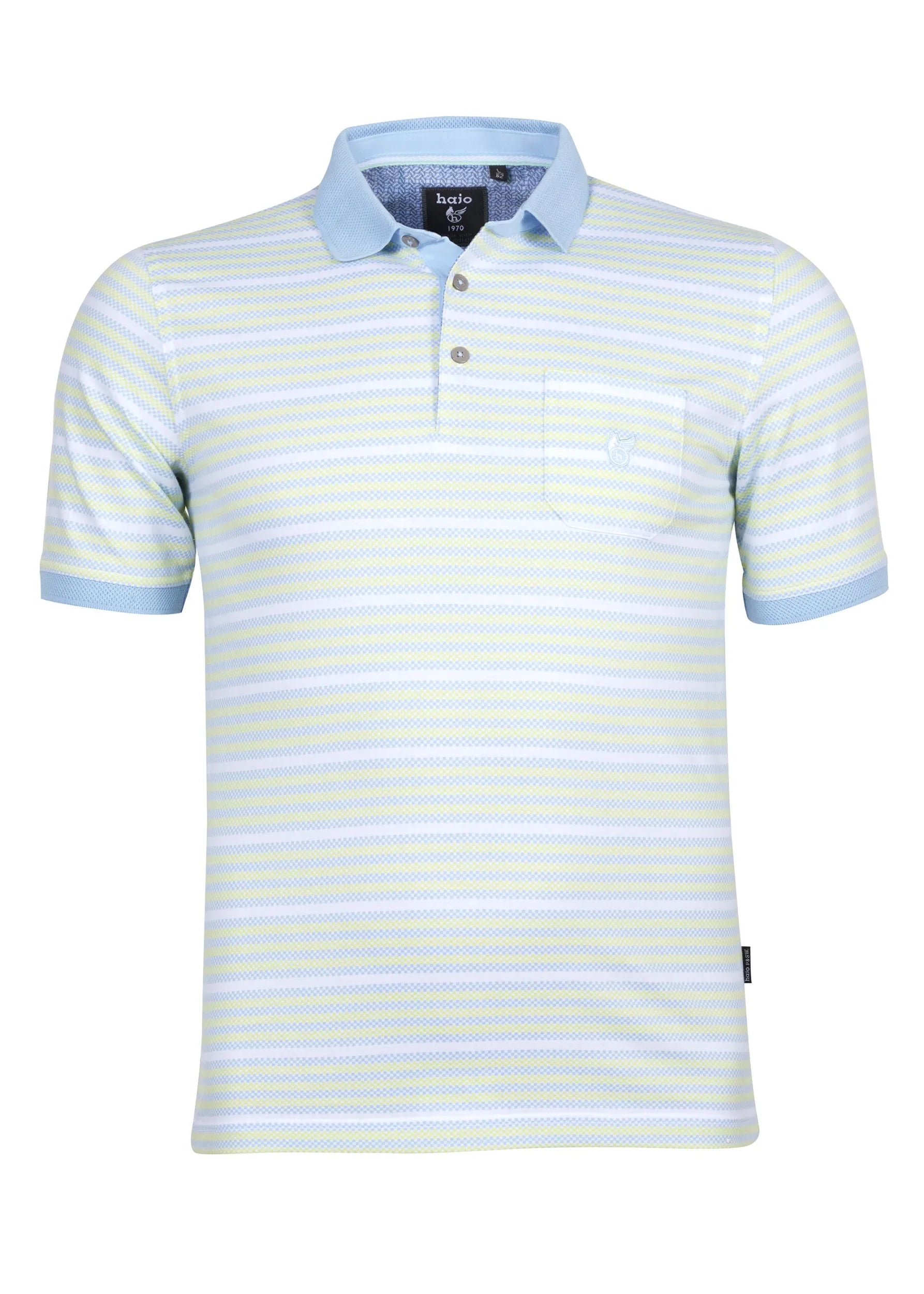 Hellblau-weiß gestreiftes Poloshirt mit Kragen, kurzen Ärmeln und kontrastierender Spitze.