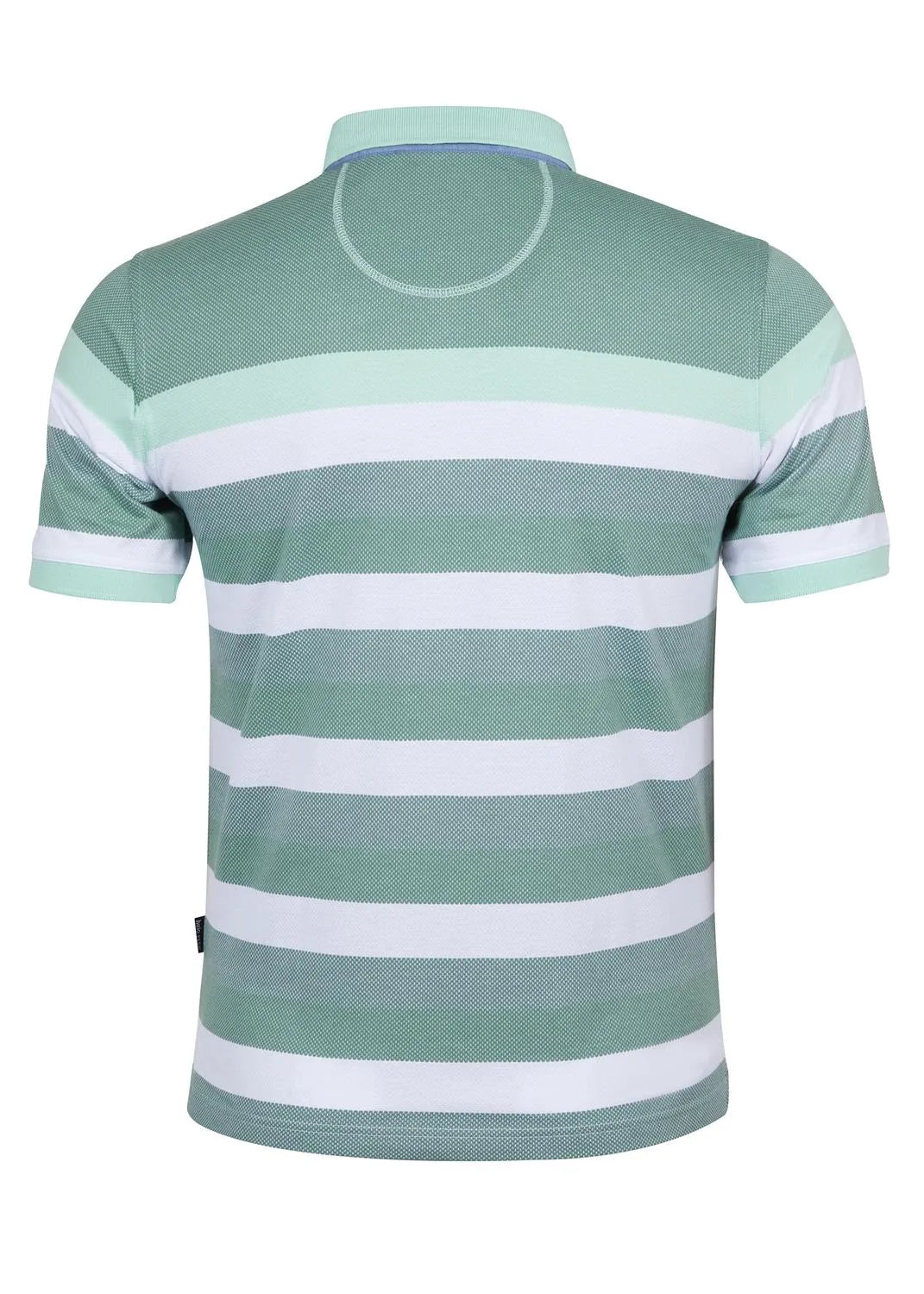 Grün und weiß gestreiftes Poloshirt mit kurzen Ärmeln.