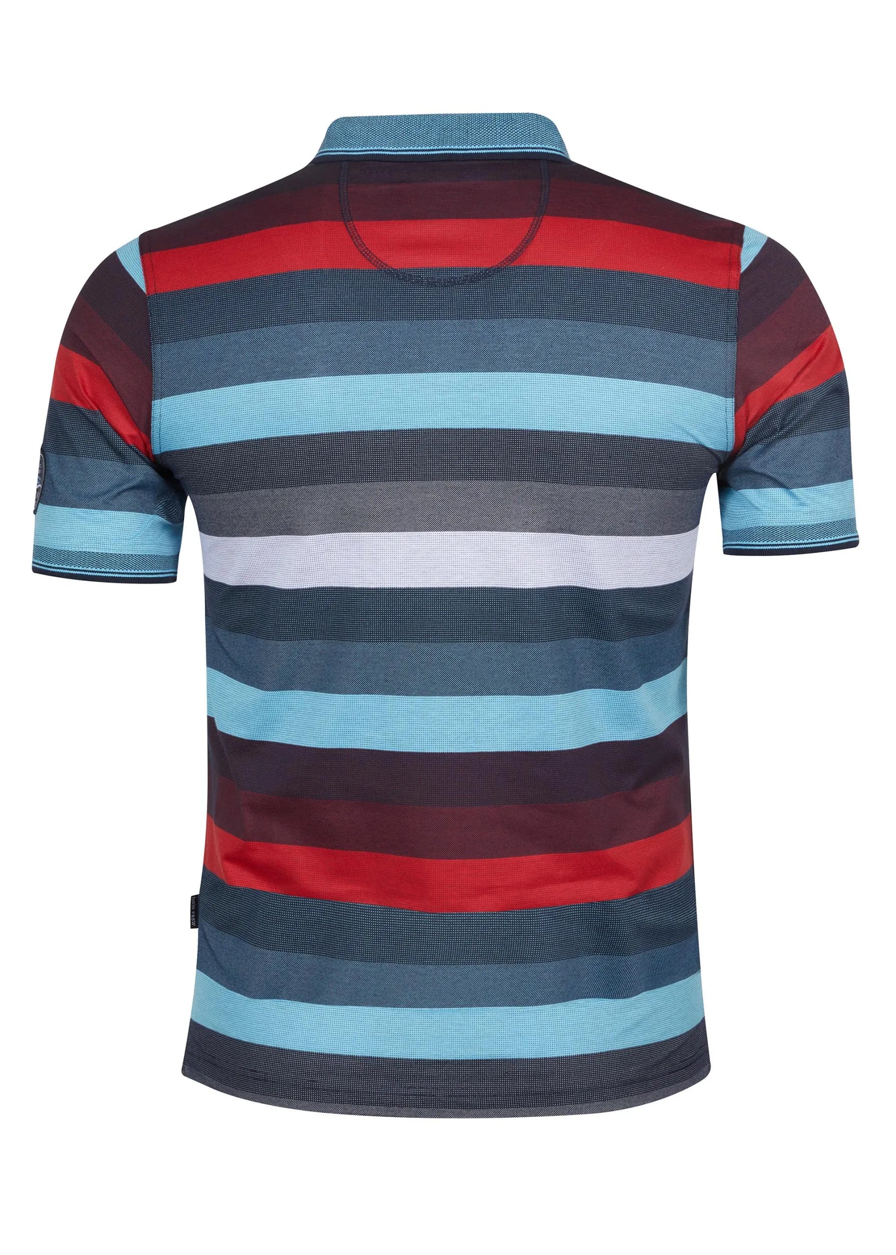 Gestreiftes Poloshirt mit einer Mischung aus roten, blauen und schwarzen Farben, mit kurzen Ärmeln.