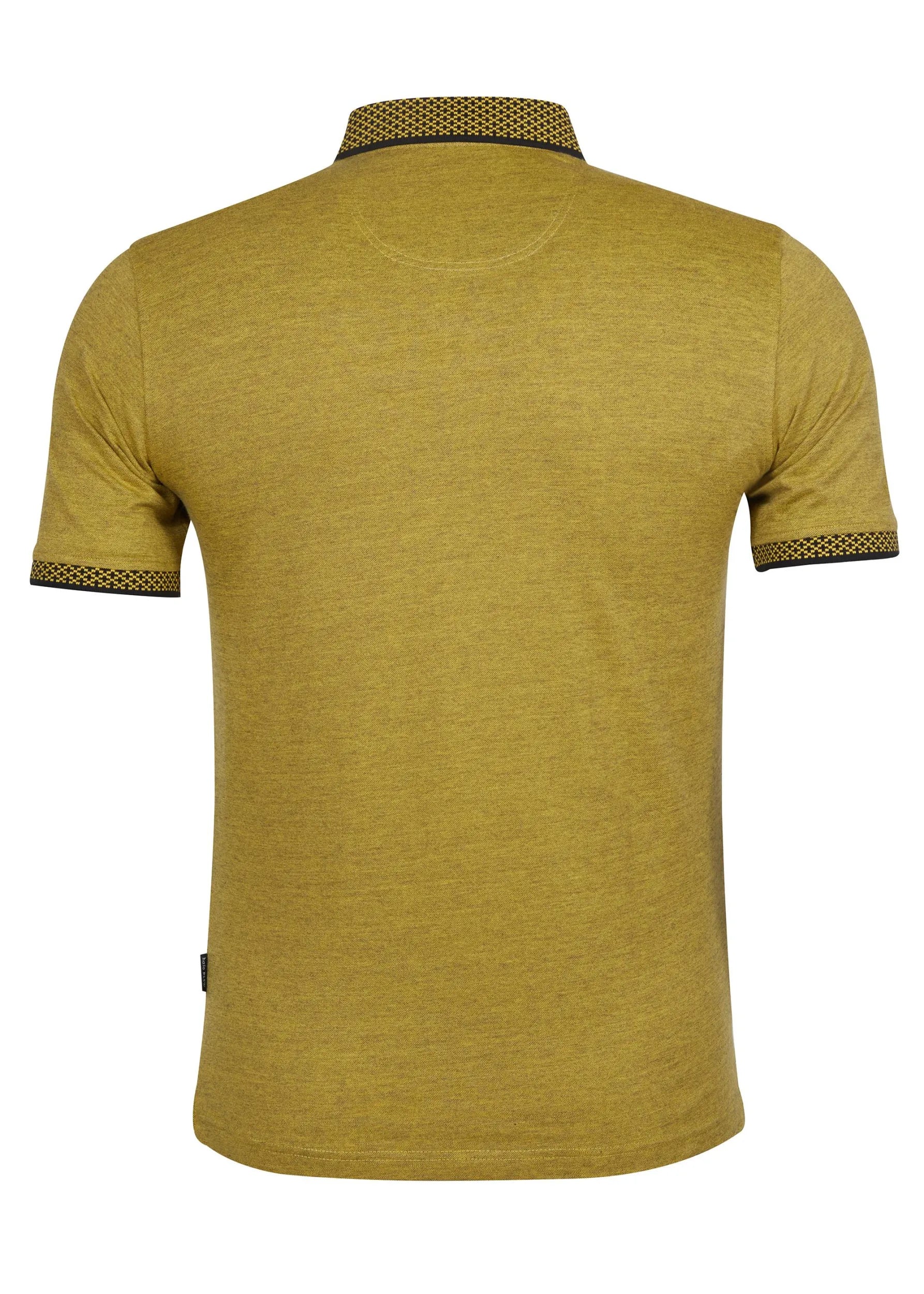 Senfgelbes Poloshirt mit schwarzem und goldenem Besatz, strukturierter Stoff.