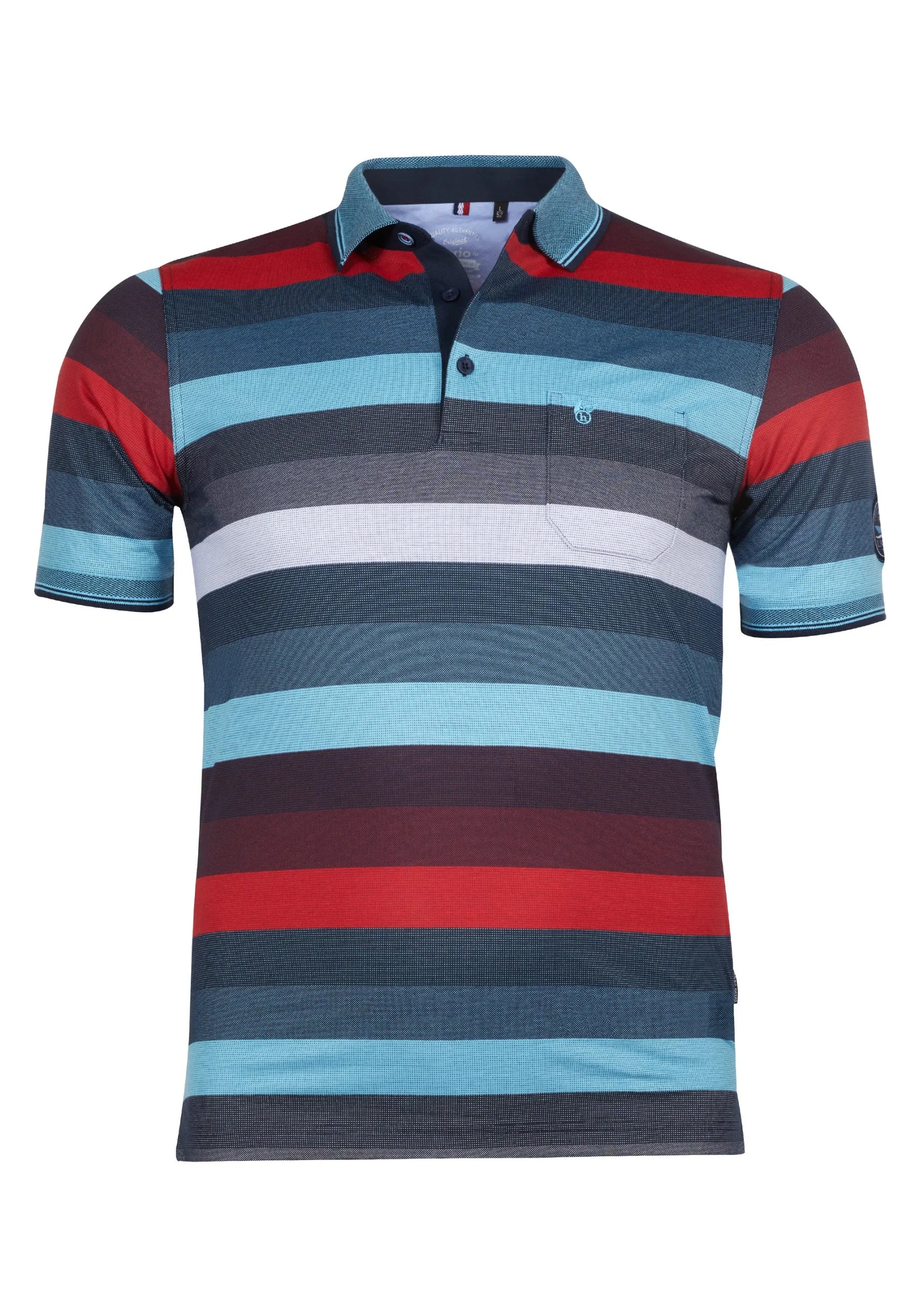 Gestreiftes Poloshirt mit einem Mix aus Marine-, Rot- und Tealfarben und einem strukturierten Muster an den Ärmeln.