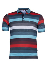 Gestreiftes Poloshirt mit einem Mix aus Marine-, Rot- und Tealfarben und einem strukturierten Muster an den Ärmeln.
