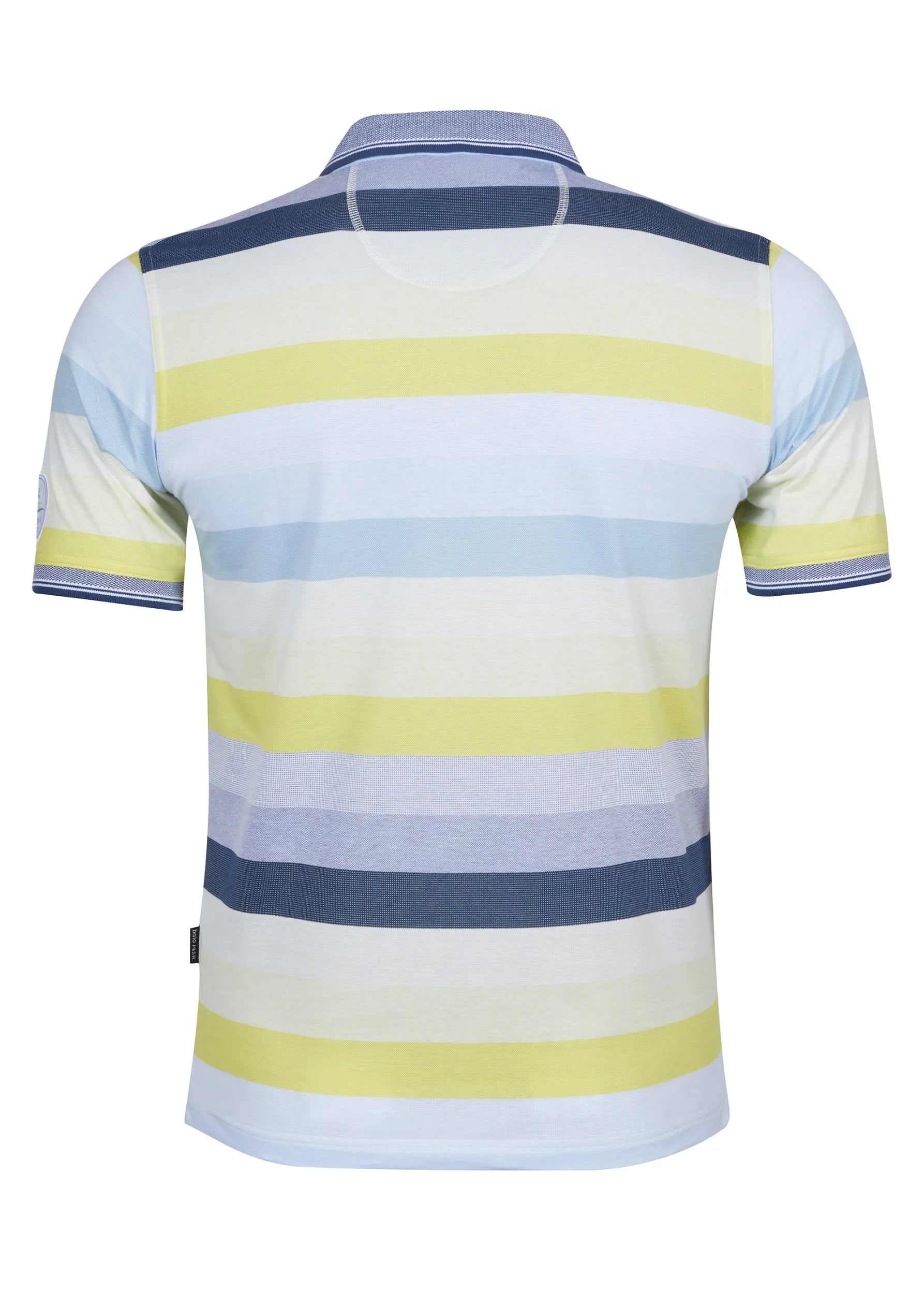 Gestreiftes Poloshirt mit marineblauen, gelben und weißen Streifen auf hellem Grund.