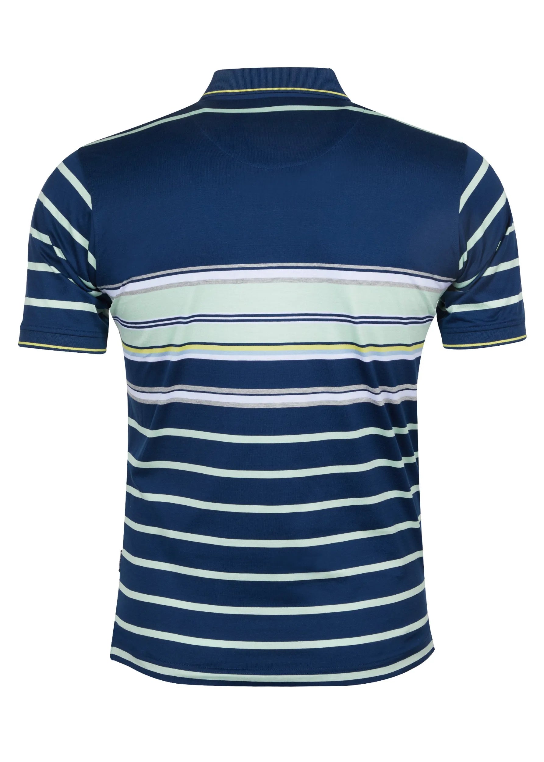Marineblau-weiß gestreiftes Poloshirt mit Kragen, kurzen Ärmeln und Rippenbündchen.