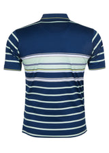Marineblau-weiß gestreiftes Poloshirt mit Kragen, kurzen Ärmeln und Rippenbündchen.