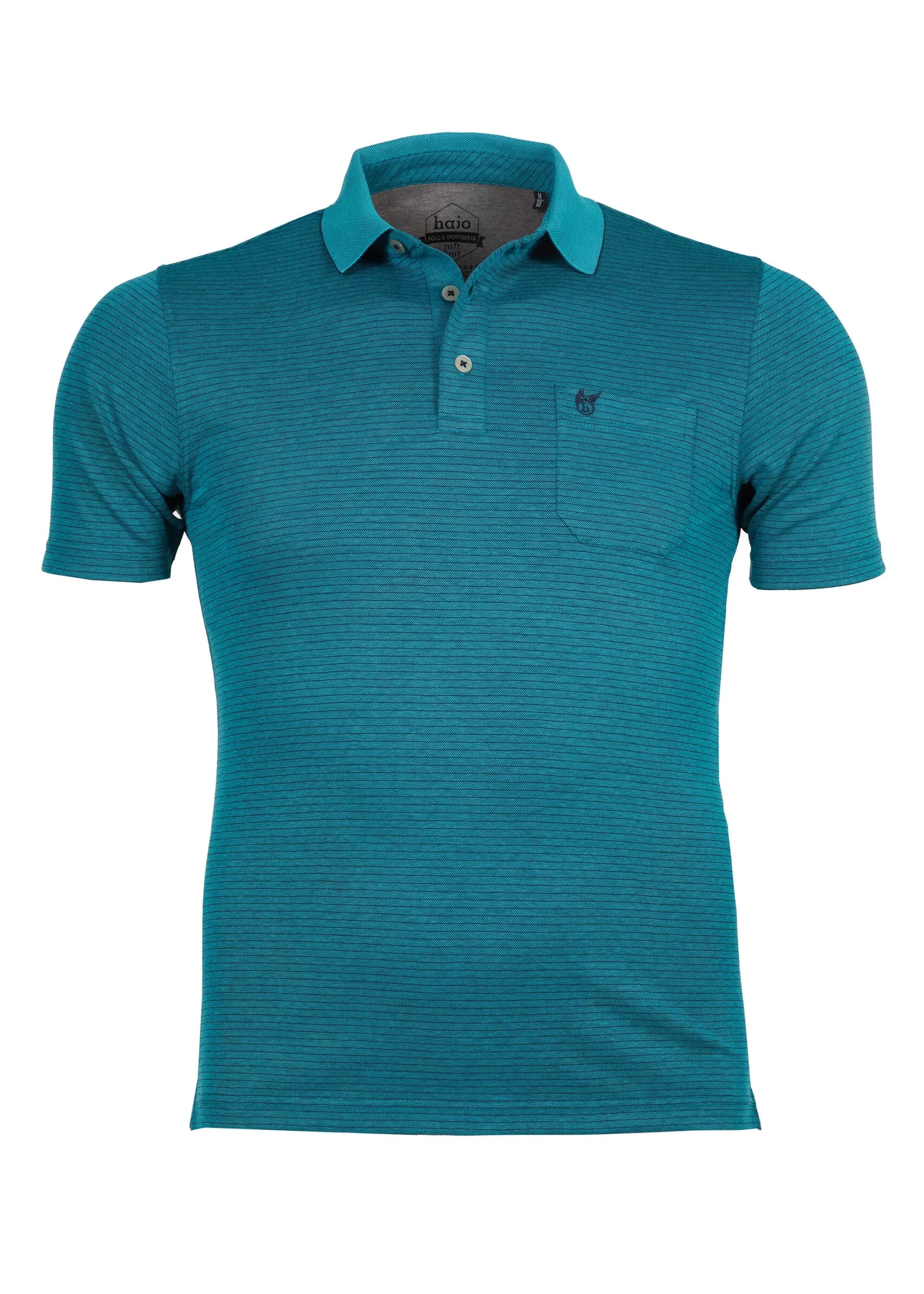 Tealfarbenes Poloshirt mit dezenten Querstreifen und einer Brusttasche.