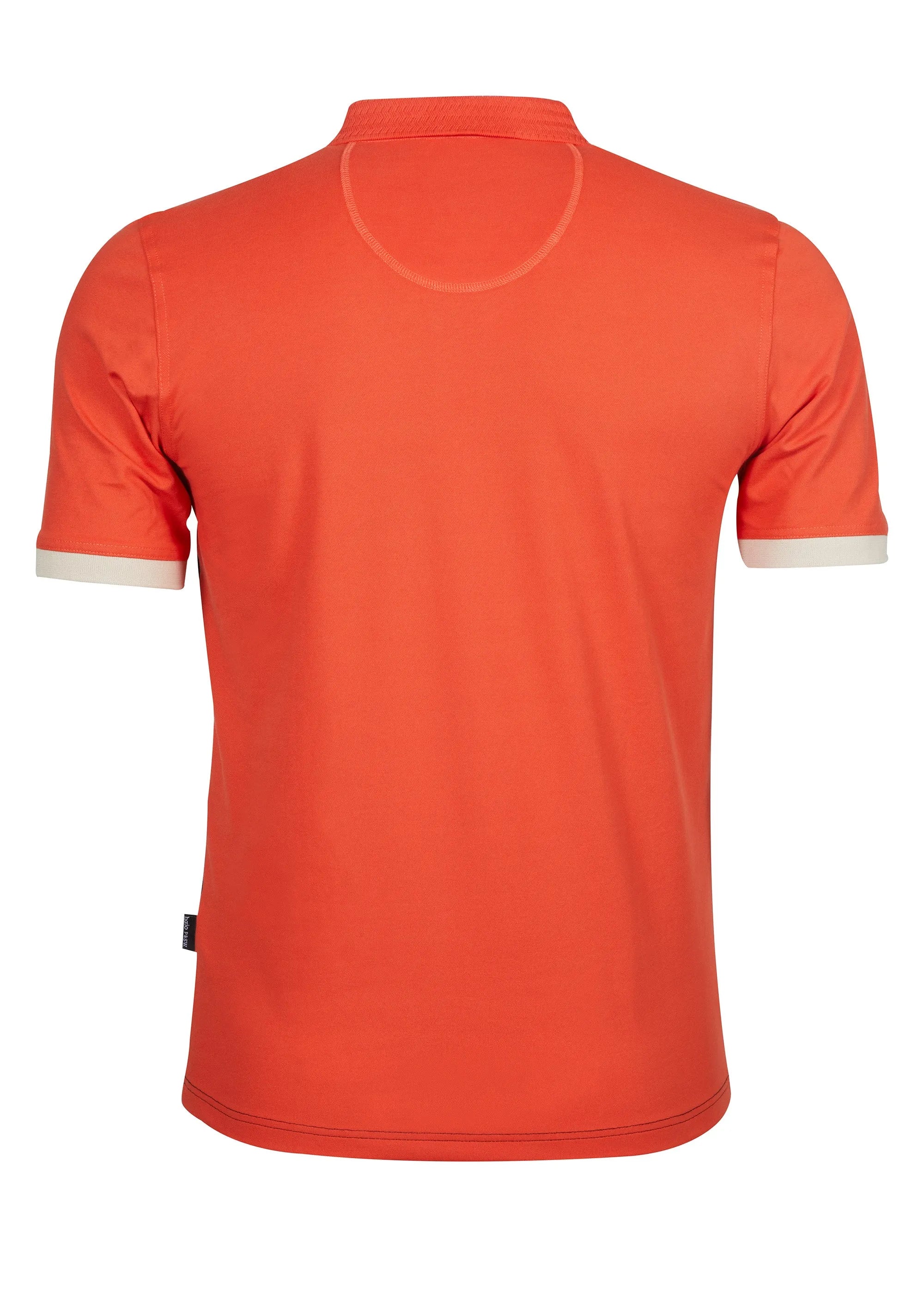 Orangefarbenes Poloshirt mit weißem Saum und Kragen, aus Baumwolle.