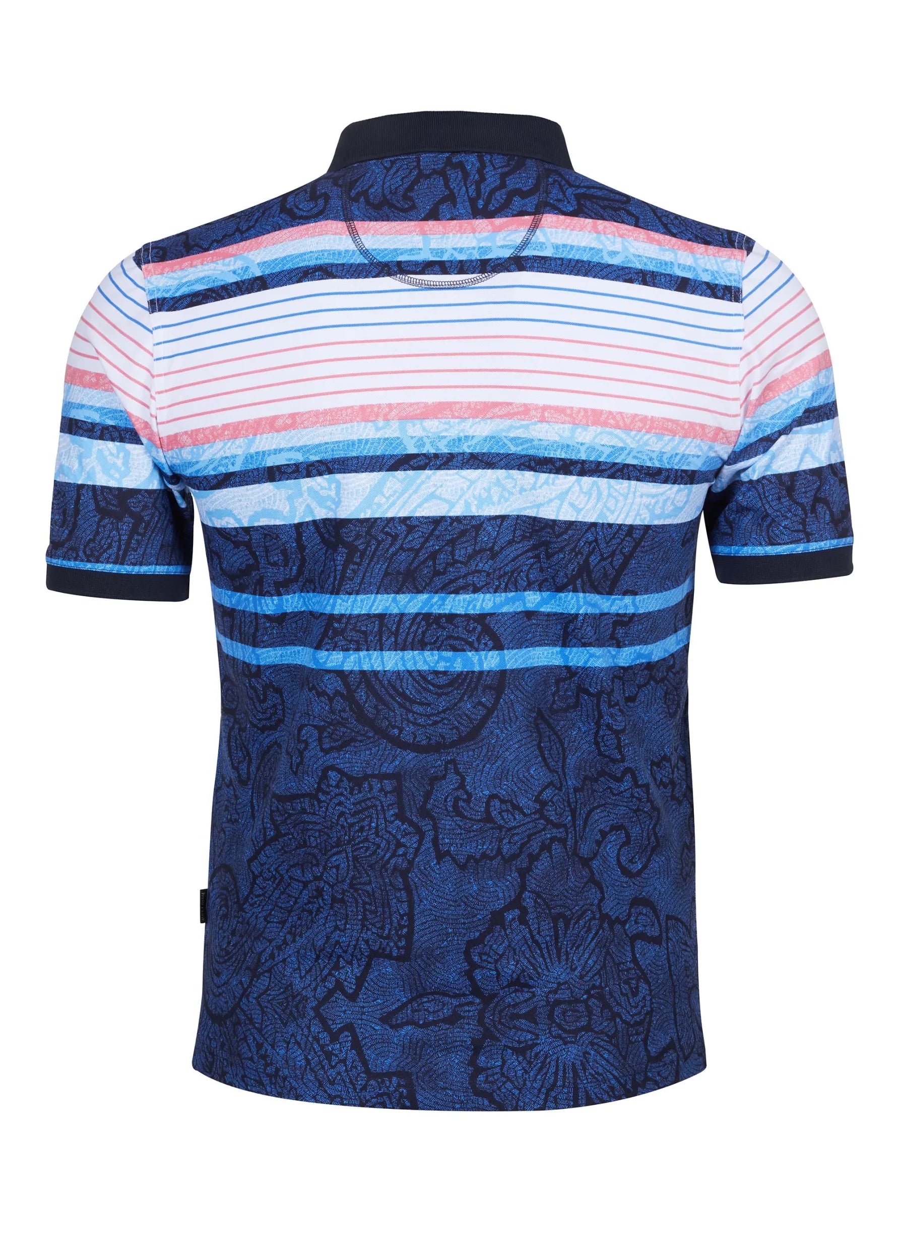 Blau und rosa gestreiftes Poloshirt mit Blumenmuster, marineblauem Kragen und Manschetten.