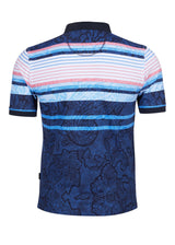 Blau und rosa gestreiftes Poloshirt mit Blumenmuster, marineblauem Kragen und Manschetten.