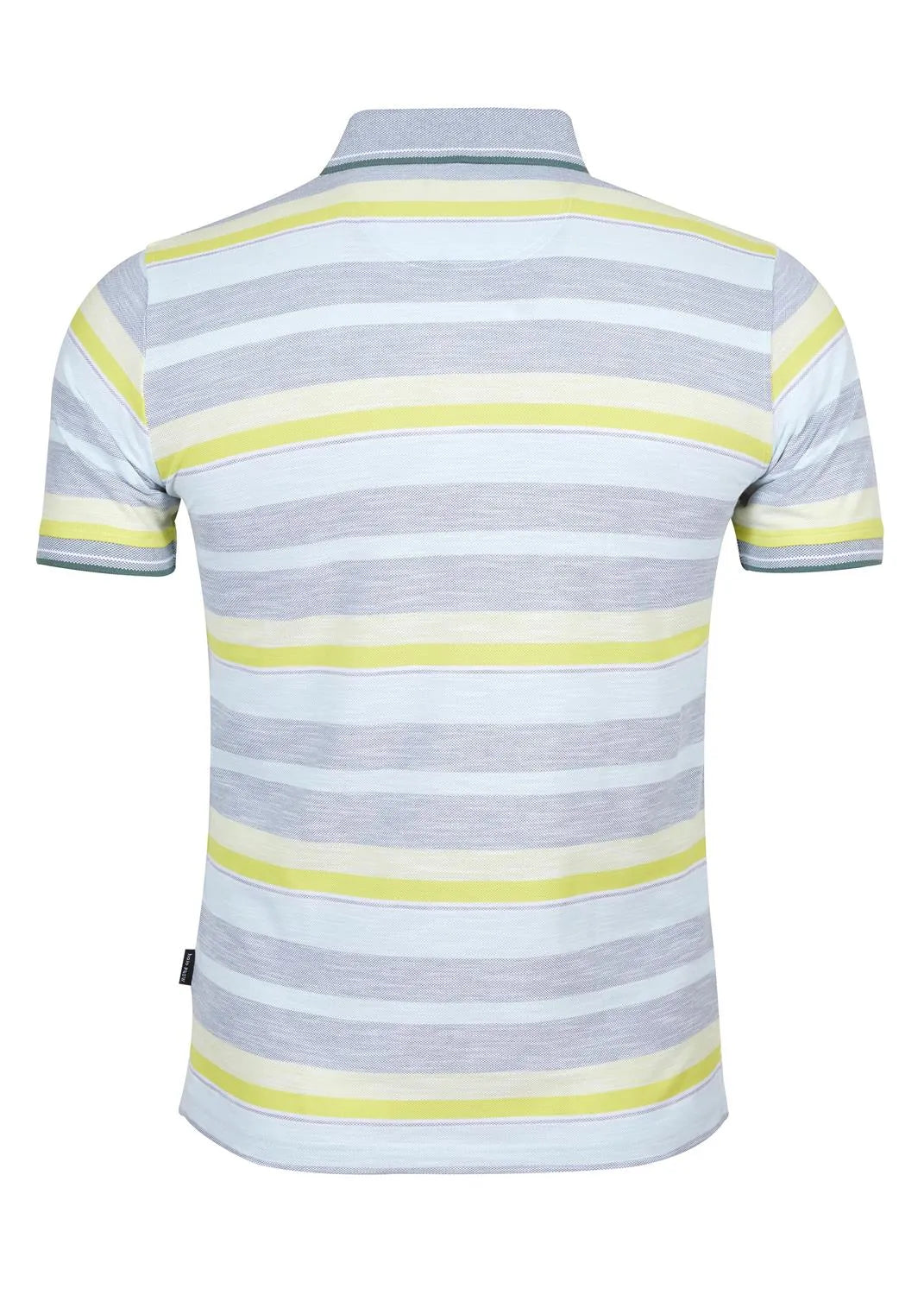 Gestreiftes Poloshirt mit kurzen Ärmeln, mit hellgrauen und gelben Streifen auf weißem Grund.