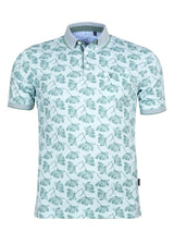Mintgrünes Poloshirt mit tropischem Blattdruck, kurzen Ärmeln und Kragen.