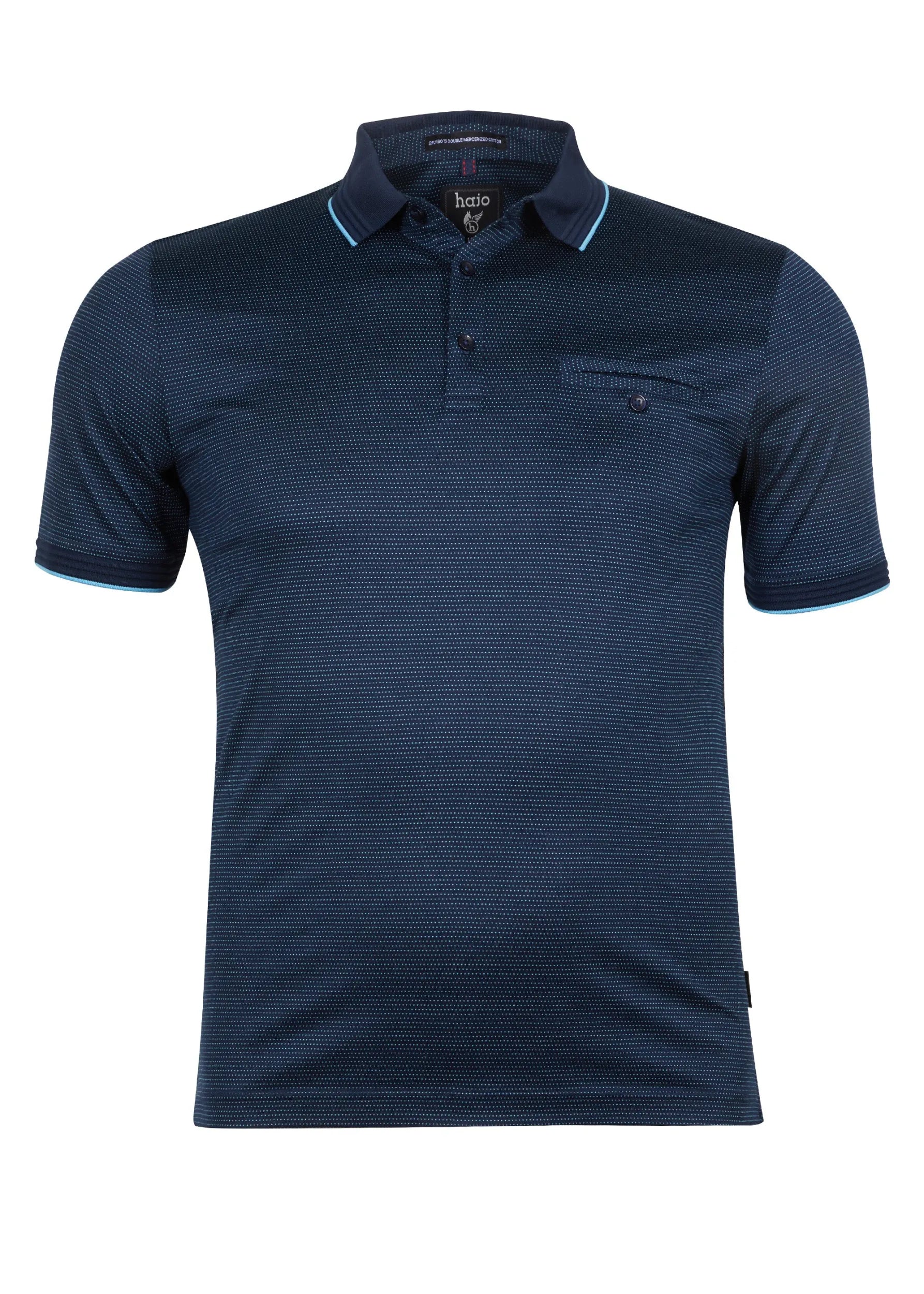 Marineblau gestreiftes Poloshirt von Hugo Boss mit kontrastierender Spitze.
