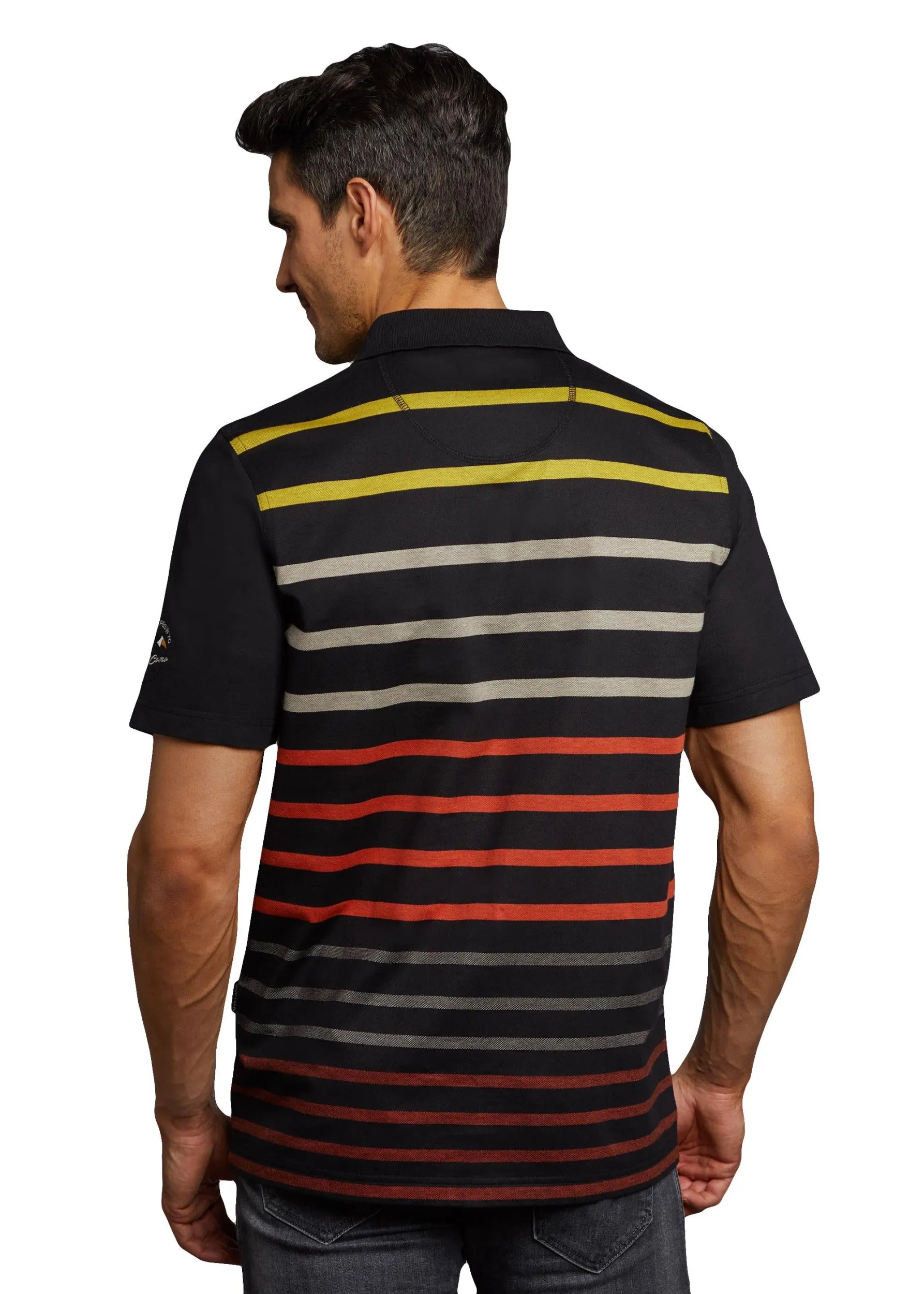 Gestreiftes Poloshirt mit schwarzem Grundton und mehrfarbigen Streifen, aus Baumwolle.