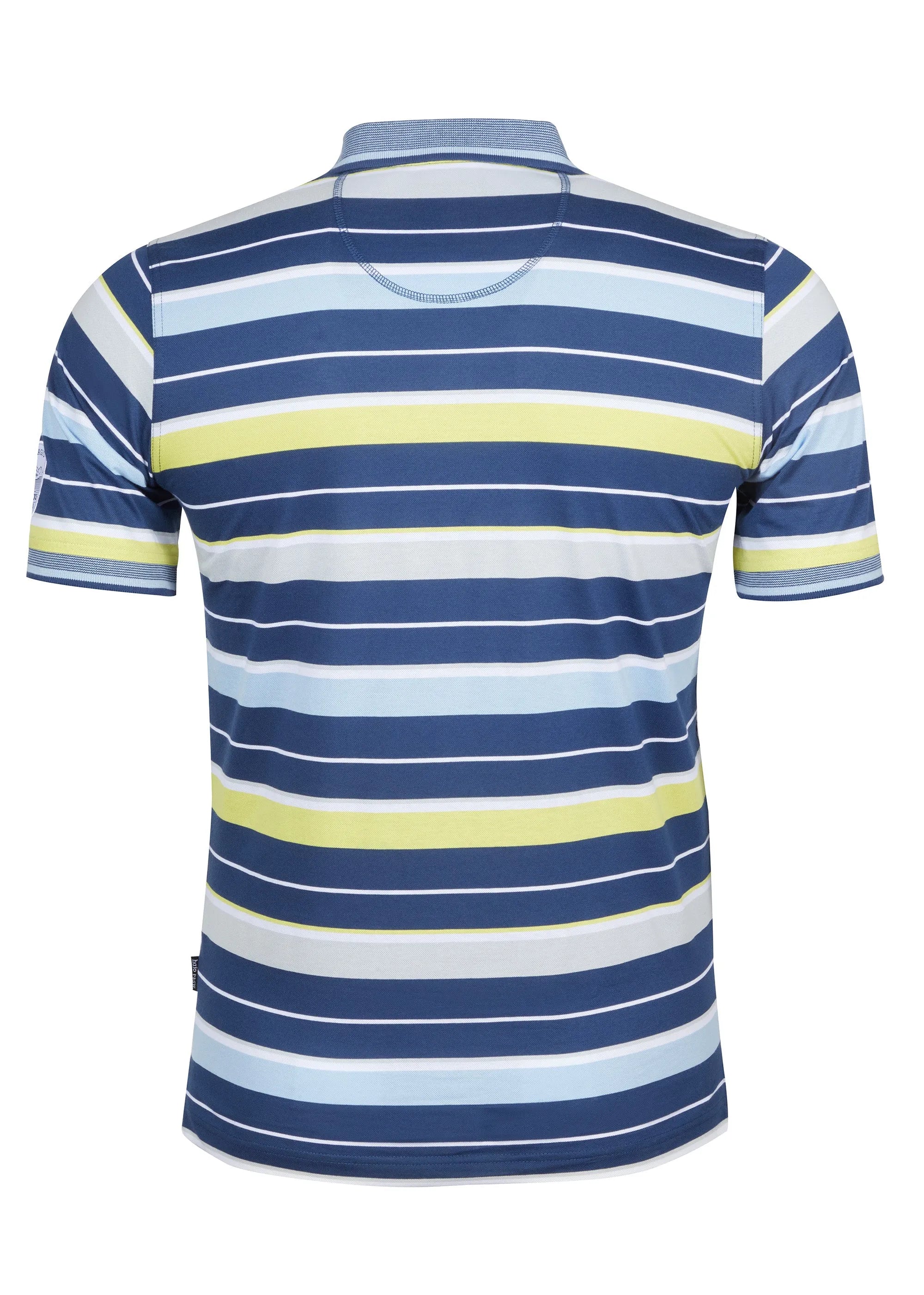 Gestreiftes Poloshirt mit marineblauen, hellblauen und gelben Streifen auf weißem Grund.
