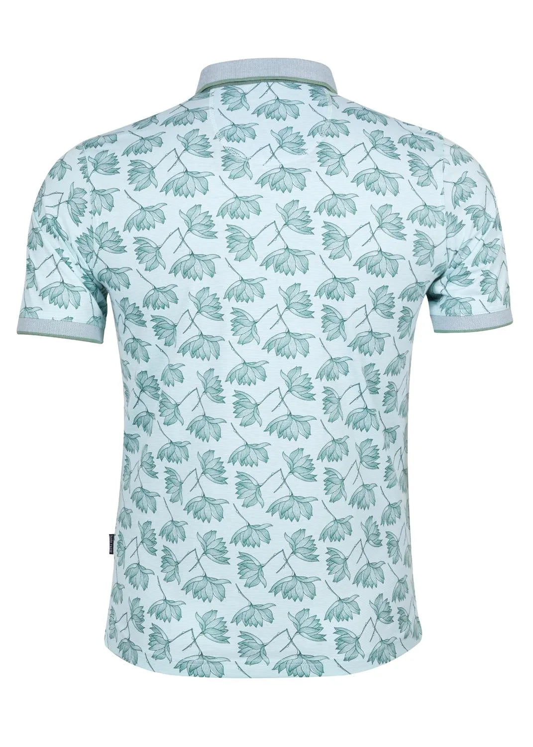 Mintgrünes Poloshirt mit Blattmuster und Kontrastkragen, Stoffmaterial.