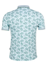 Mintgrünes Poloshirt mit Blattmuster und Kontrastkragen, Stoffmaterial.