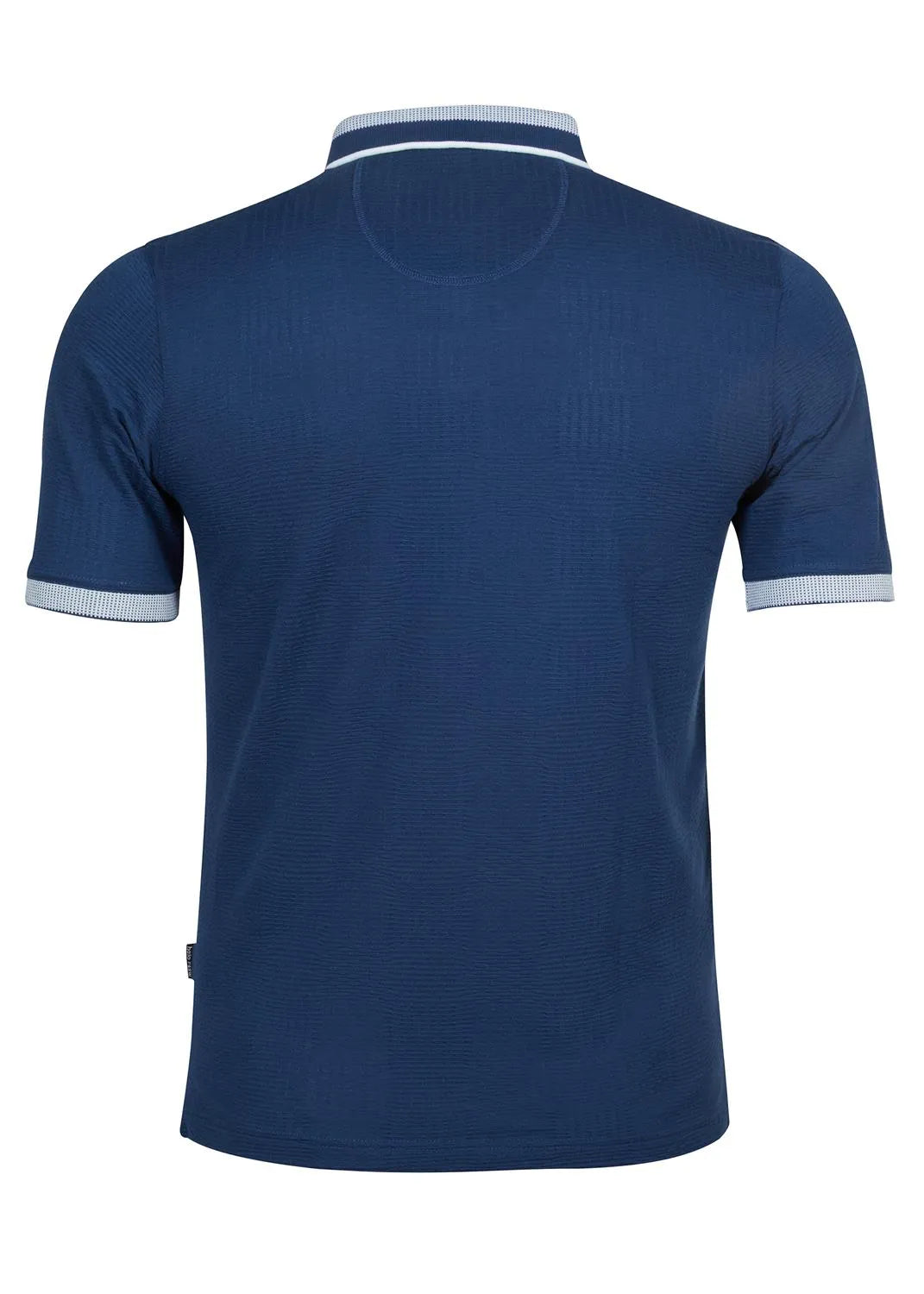 Marineblaues Poloshirt mit weißem Saum und Kragen, aus Baumwolle.