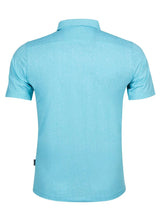 Hellblaues Poloshirt mit kurzen Ärmeln und Kragen, aus Baumwolle.