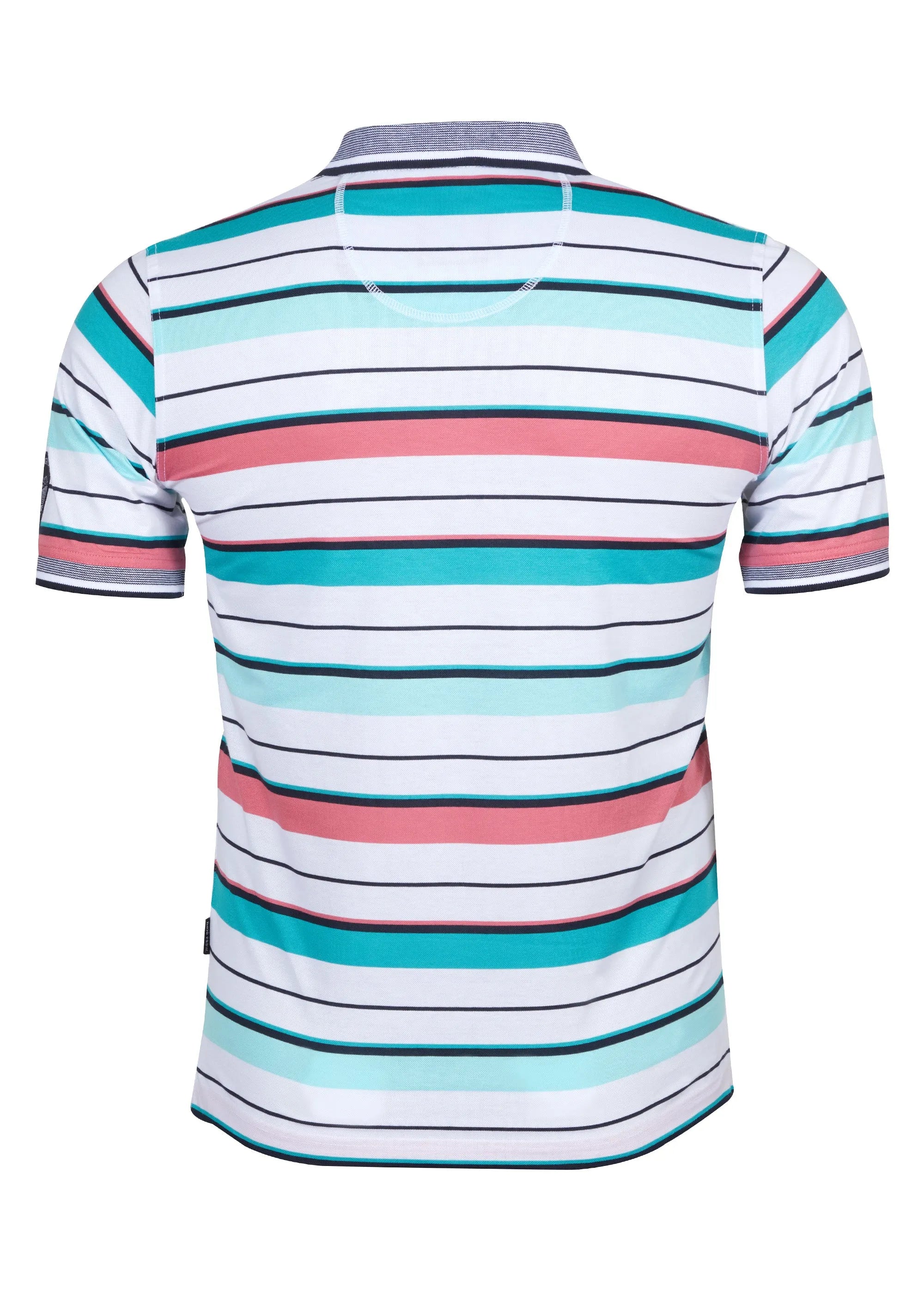 Gestreiftes Poloshirt mit kurzen Ärmeln und Kragen in leuchtenden Farben wie Türkis, Rosa, Weiß, Schwarz und Grau.