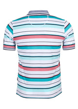 Gestreiftes Poloshirt mit kurzen Ärmeln und Kragen in leuchtenden Farben wie Türkis, Rosa, Weiß, Schwarz und Grau.