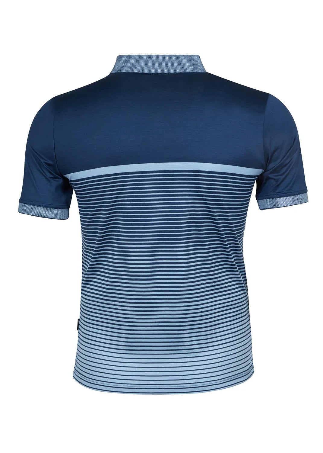 Blau-weiß gestreiftes Poloshirt mit Kragen, kurzen Ärmeln und Farbverlaufseffekt.
