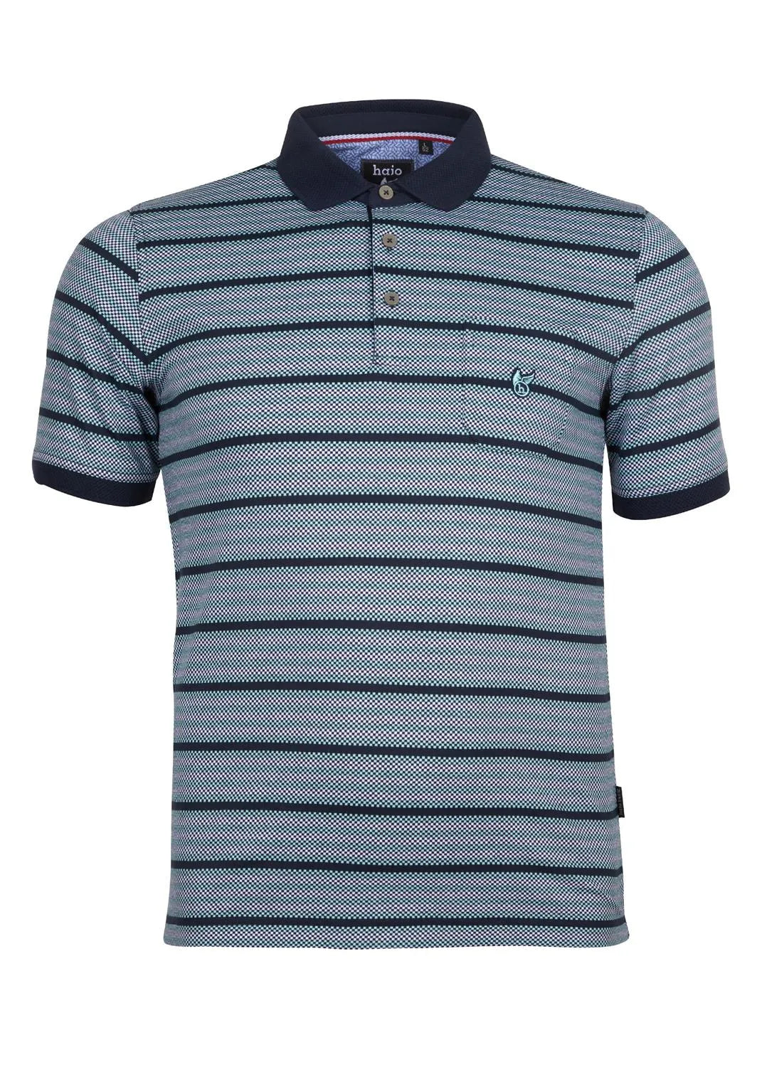Blau-weiß gestreiftes Poloshirt mit navyfarbenen Akzenten, aus Baumwolle.