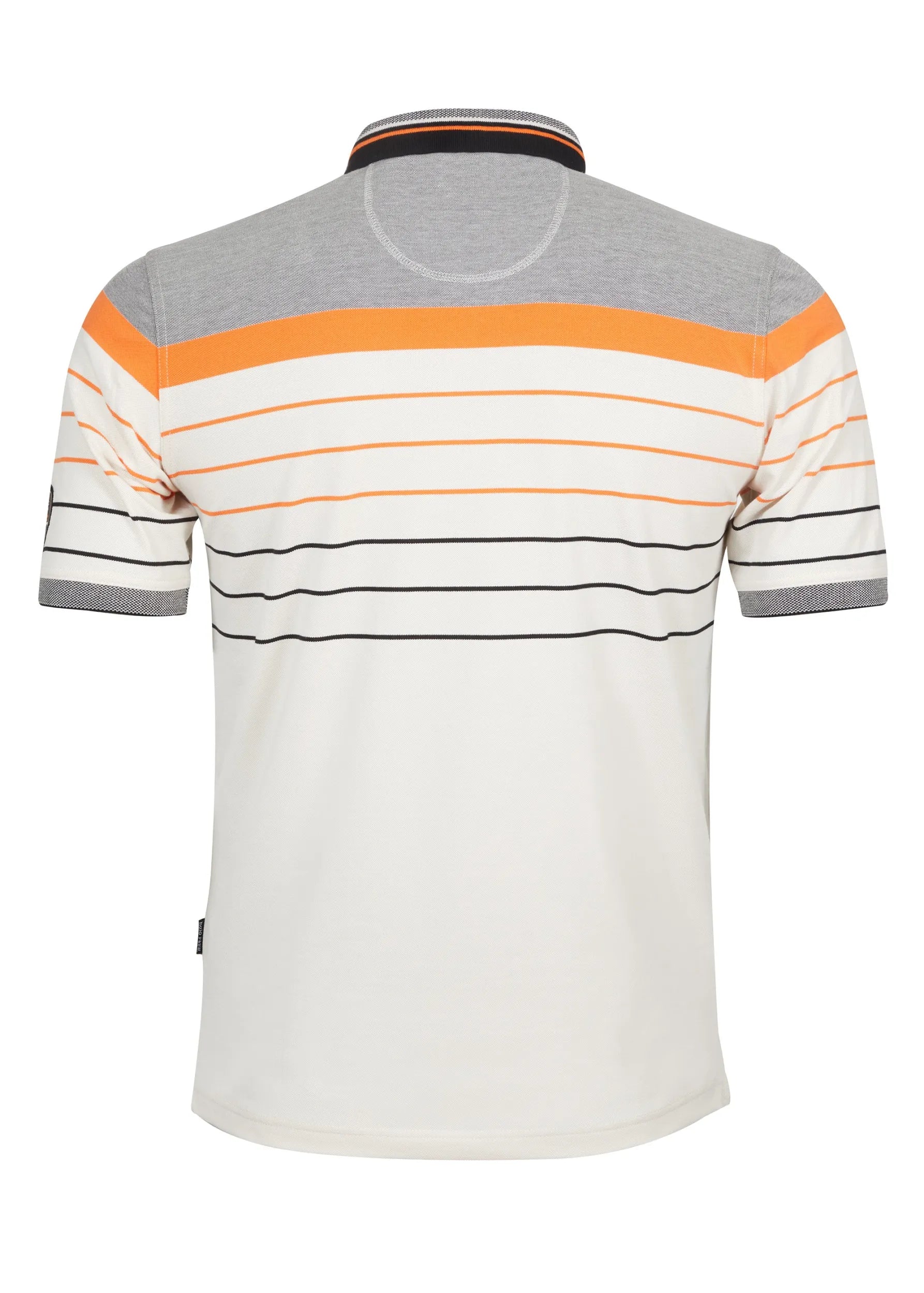 Weißes Poloshirt mit orangefarbenen und grauen Streifen, kurzen Ärmeln, Kragen und gerippten Abschlüssen.