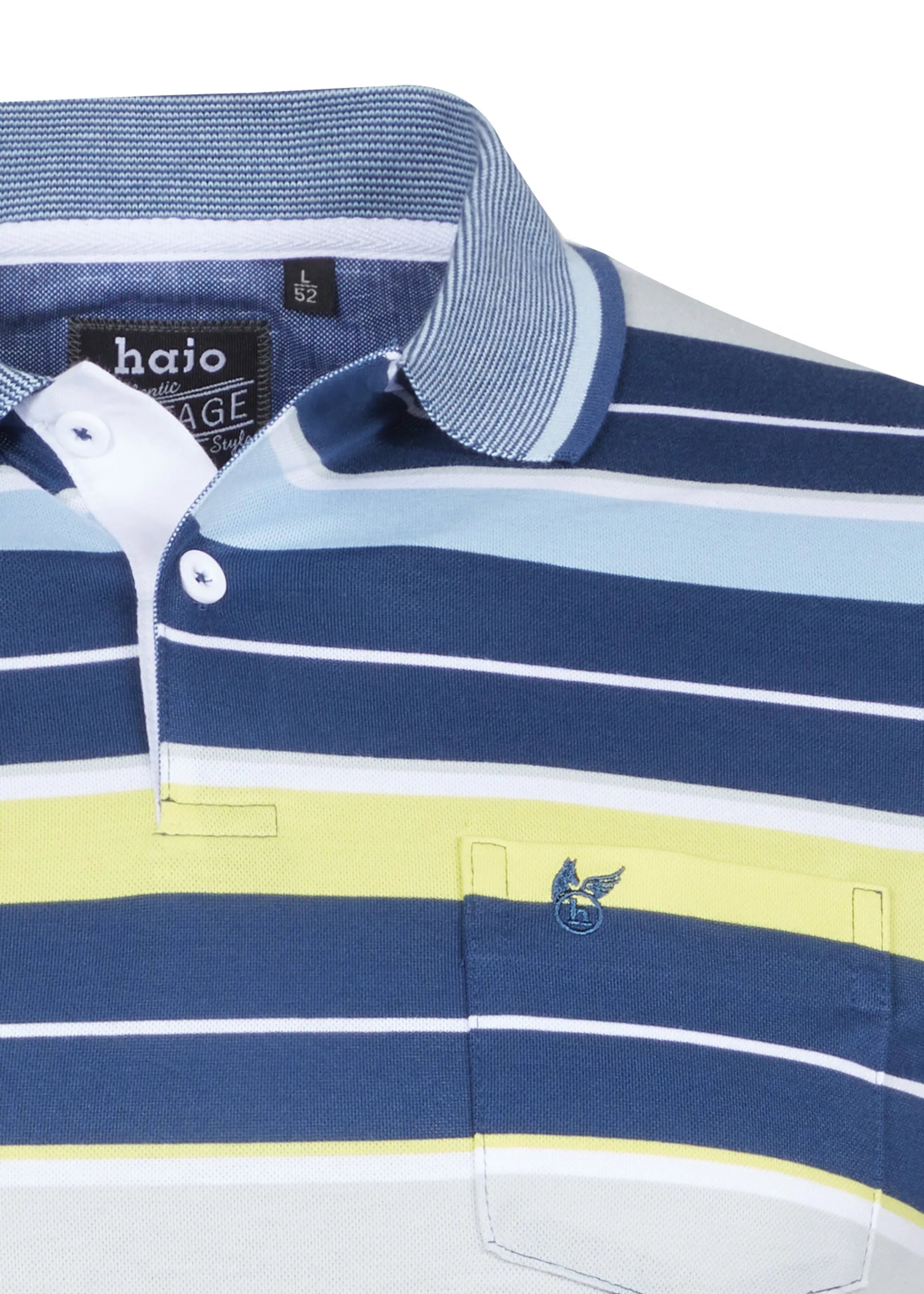 Blau-gelb gestreiftes Poloshirt mit weißen Akzenten, aus Baumwolle.