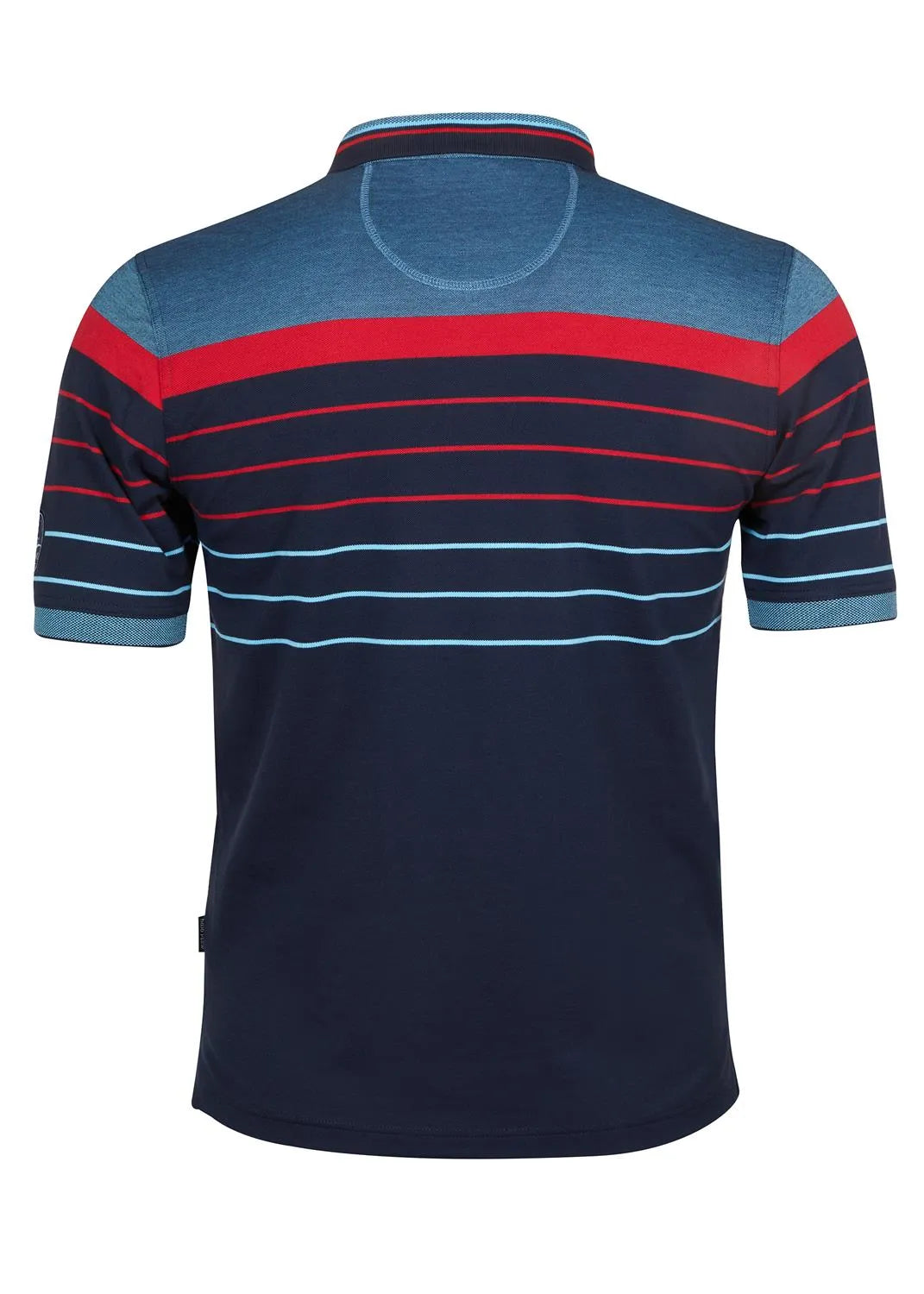Marineblaues Poloshirt mit roten und blaugrünen Streifen, kurze Ärmel, Kragendesign.