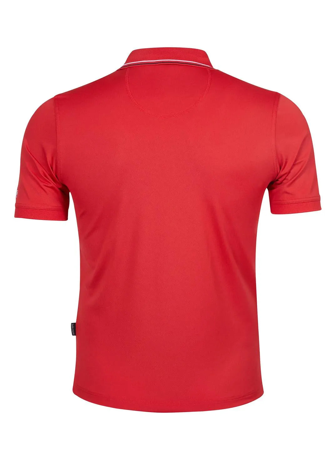 Rotes Polohemd mit weißem Saum und Kragen, wahrscheinlich aus Baumwolle oder einem Polyestergemisch.
