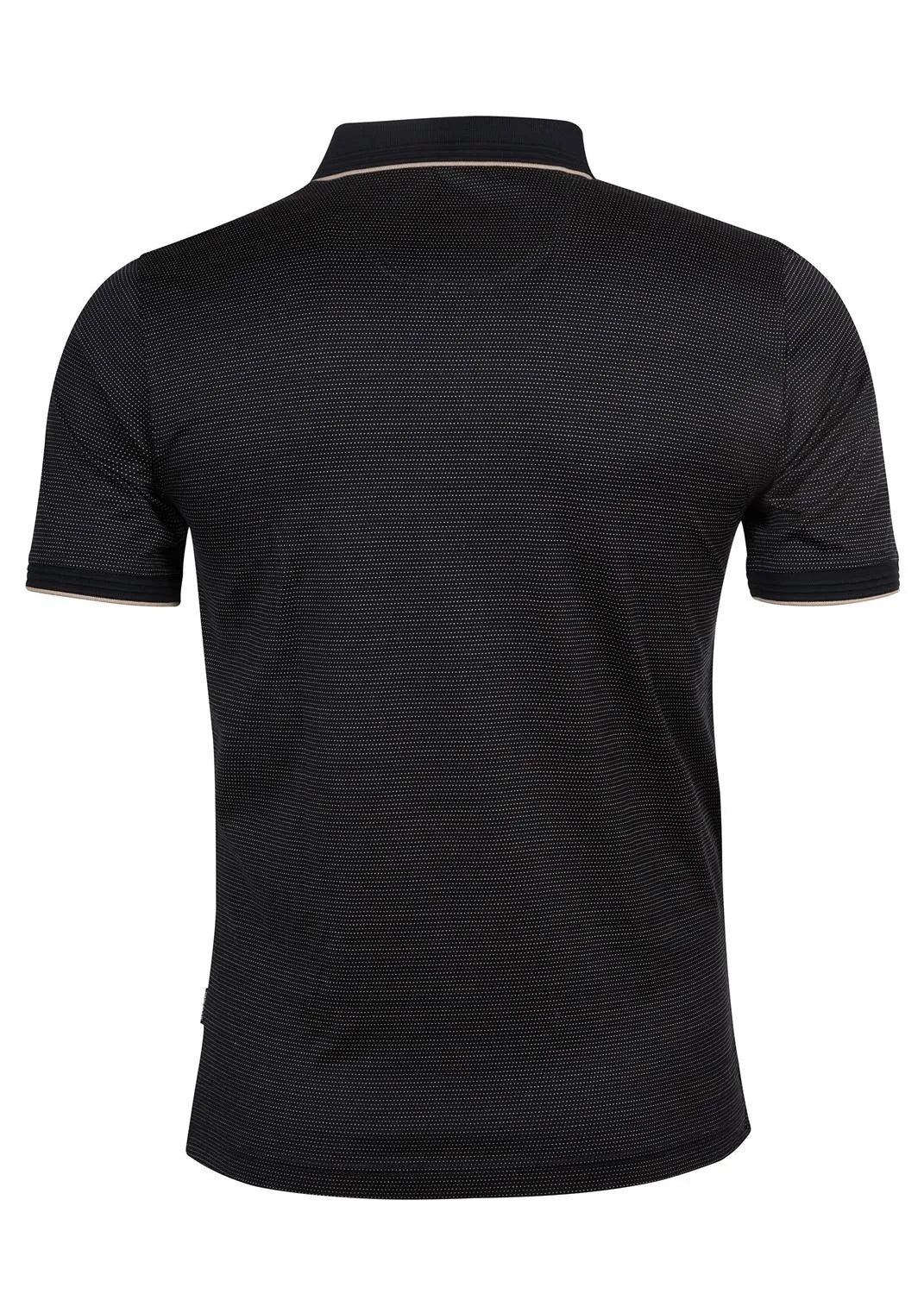 Schwarzes strukturiertes Poloshirt mit weißem Besatz und Kragen, wahrscheinlich aus Polyester oder Baumwollgemisch.